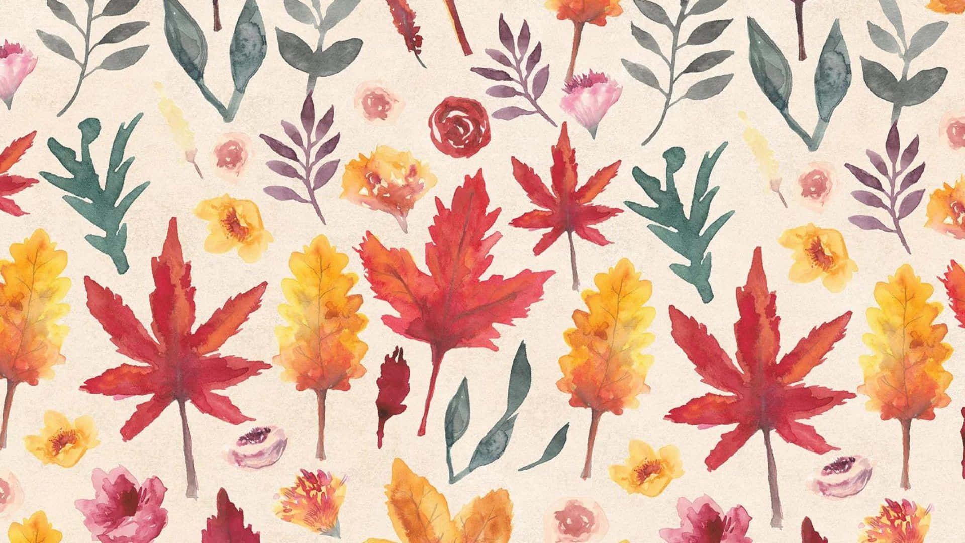 Fall Foliage 桌布 壁紙 — 鮮豔的水彩秋葉和花朵散落在柔和的奶油色背景上。
