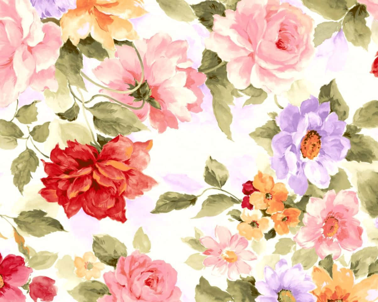 Tumblr Flower 桌布 壁紙 — 鮮豔的水彩花朵，粉紅、紅、紫、橙色，在柔和的白色背景上綻放，搭配綠色葉子。