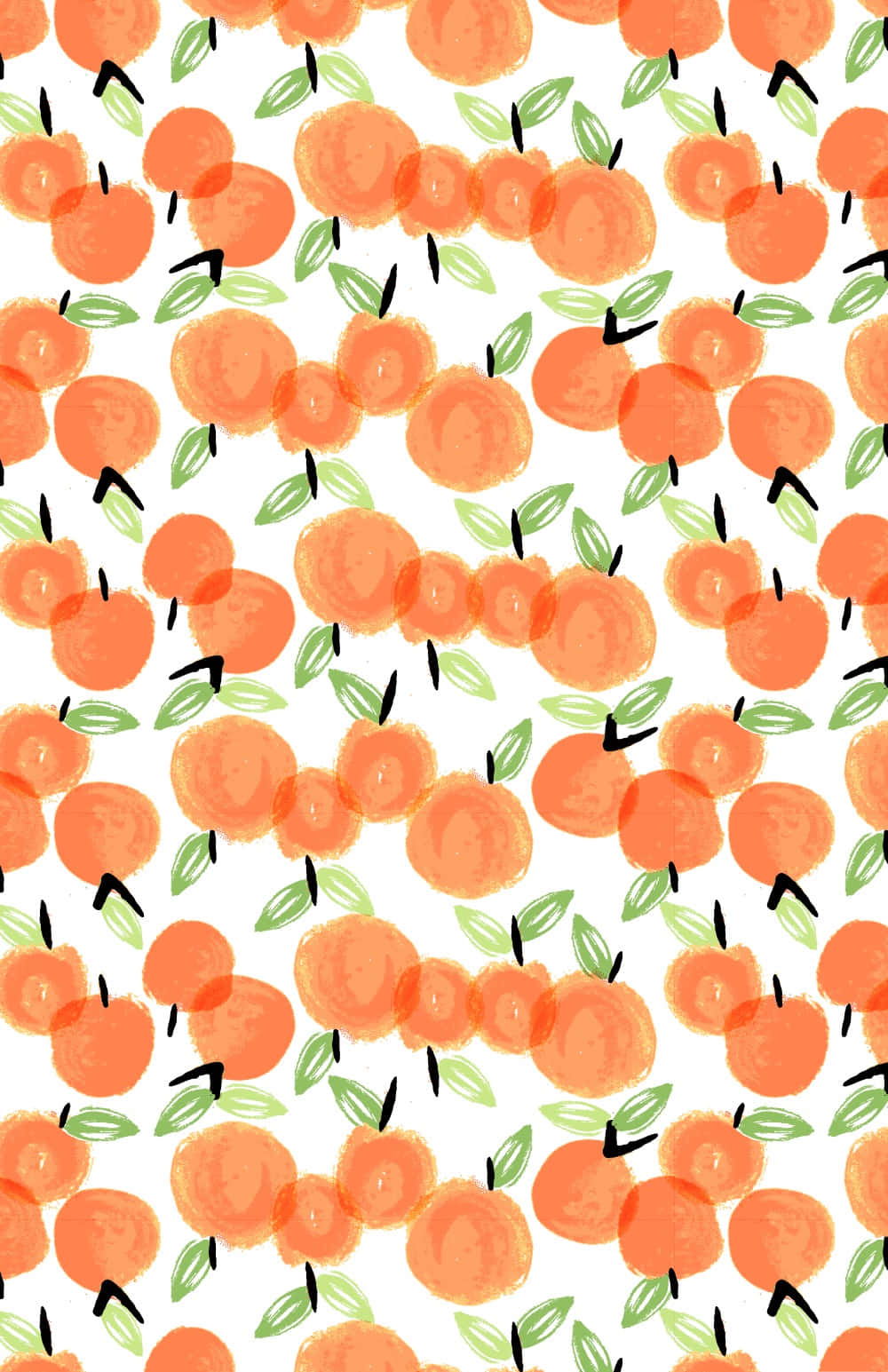 Cute Orange 桌布 壁紙 — 鮮豔的水彩風格橙子搭配綠色葉子，散落在潔白的背景上，形成俏皮的重複圖案。