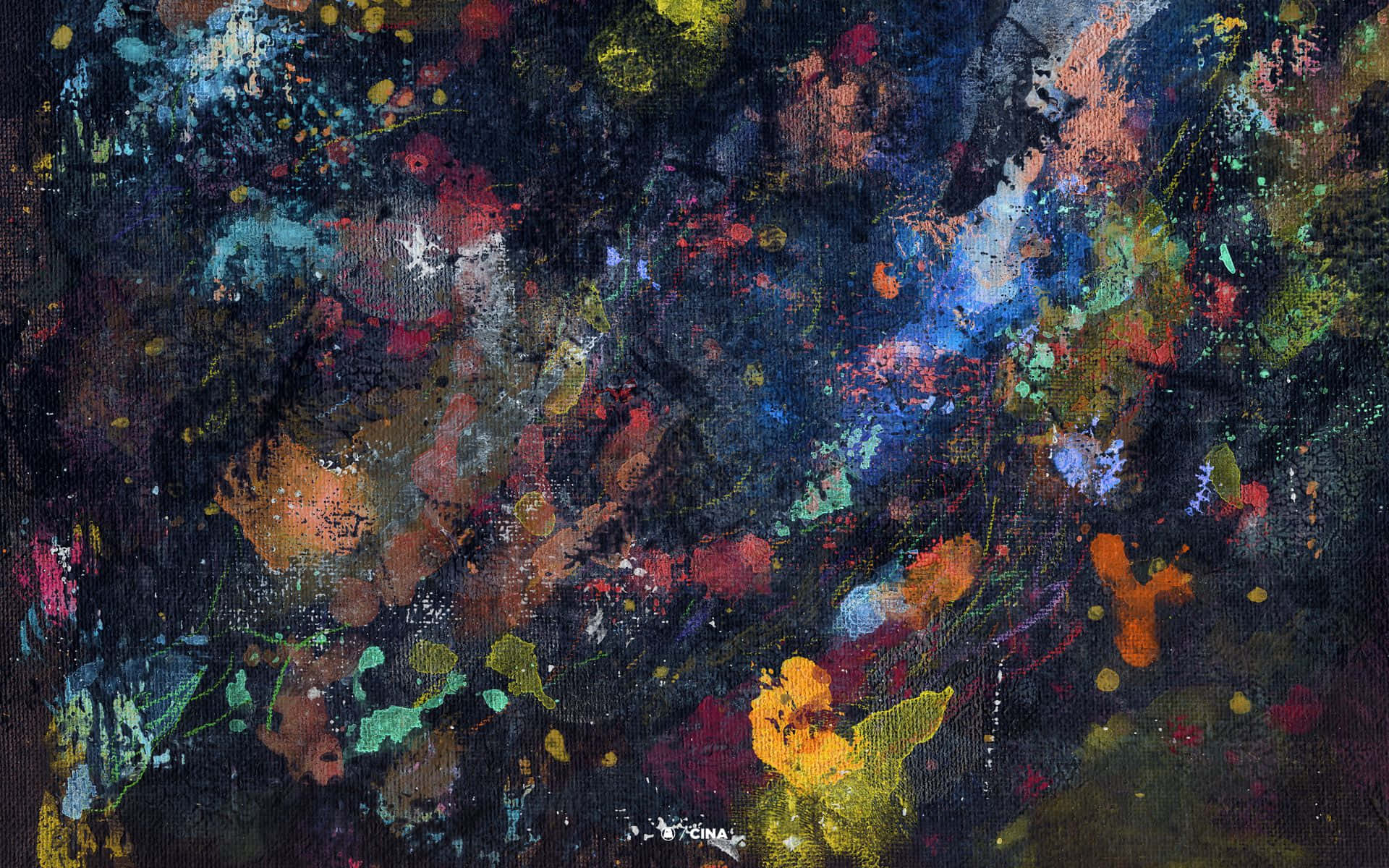 Beautiful Painting 桌布 壁紙 — 鮮豔的油漆飛濺在深色紋理畫布上爆炸，形成混亂的抽象表達。