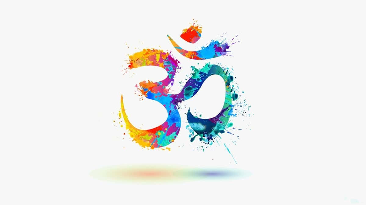 Om 桌布 壁紙 — 鮮豔的油漆飛濺在潔白的背景上形成神聖的Om符號，帶有柔和陰影。