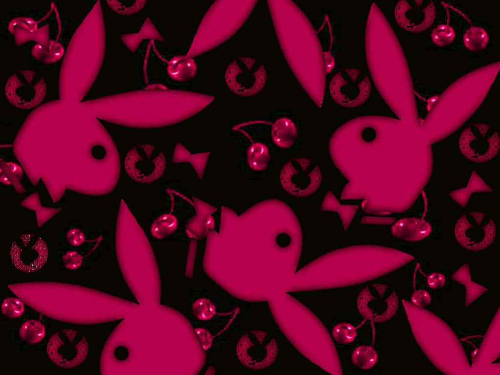 playboy 桌布 壁紙 — 鮮豔的洋紅色Playboy兔子和櫻桃在純黑色背景上以大膽的圖案漂浮。