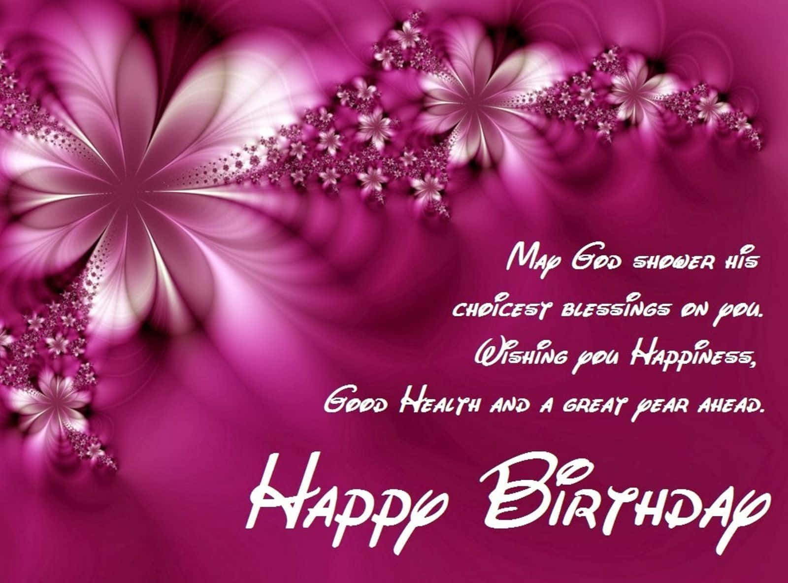 Birthday Wishes 桌布 壁紙 — 鮮豔的洋紅色分形花朵在豐富的紫色背景上，圍繞著帶有白色草書文字的生日祝福旋轉。