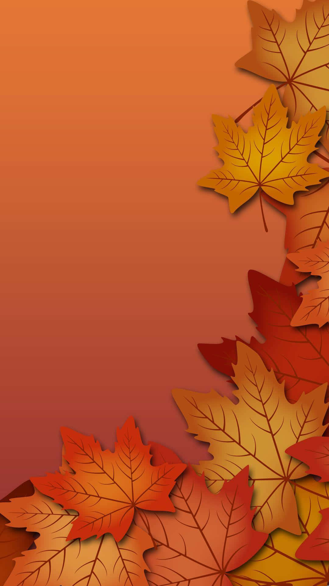 Fallen Leaves 桌布 壁紙 — 鮮豔的秋季楓葉以橙色、紅色和金色沿著右側和底部邊緣在溫暖的漸變背景上層疊。