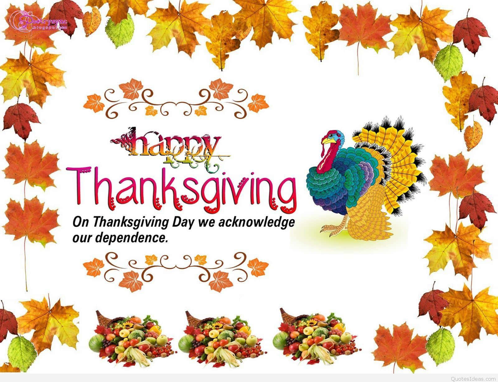 Happy Thanksgiving 桌布 壁紙 — 鮮豔的秋葉環繞著色彩繽紛的火雞和豐收的豐饒角，構成節日的感恩節問候。