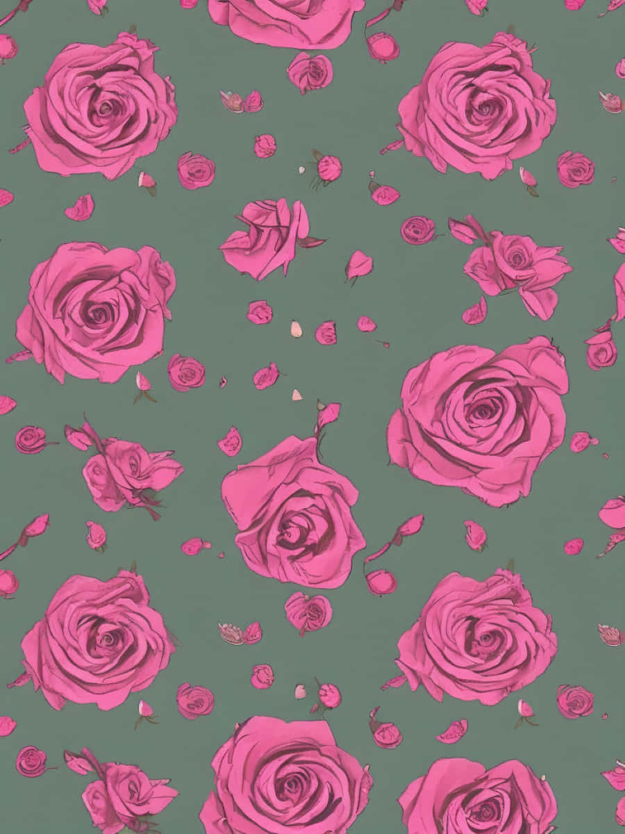 Rose Pattern 桌布 壁紙 — 鮮豔的粉紅玫瑰和花瓣漂浮在柔和的鼠尾草綠色背景上，形成重複的花卉圖案。