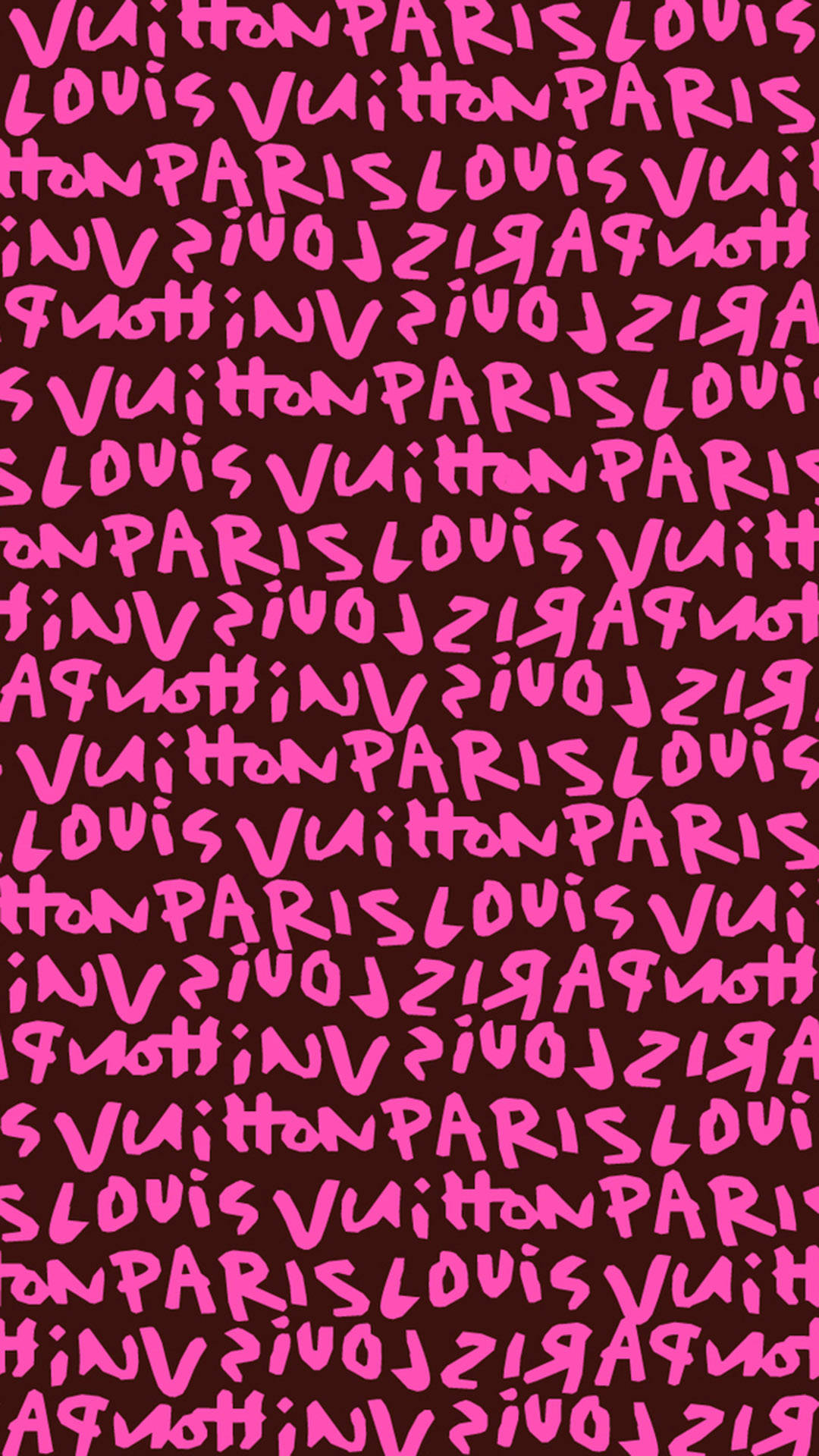 Typography 桌布 壁紙 — 鮮豔的粉紅色 Louis Vuitton 文字在深酒紅色背景上以大膽的塗鴉風格圖案混亂地重複。