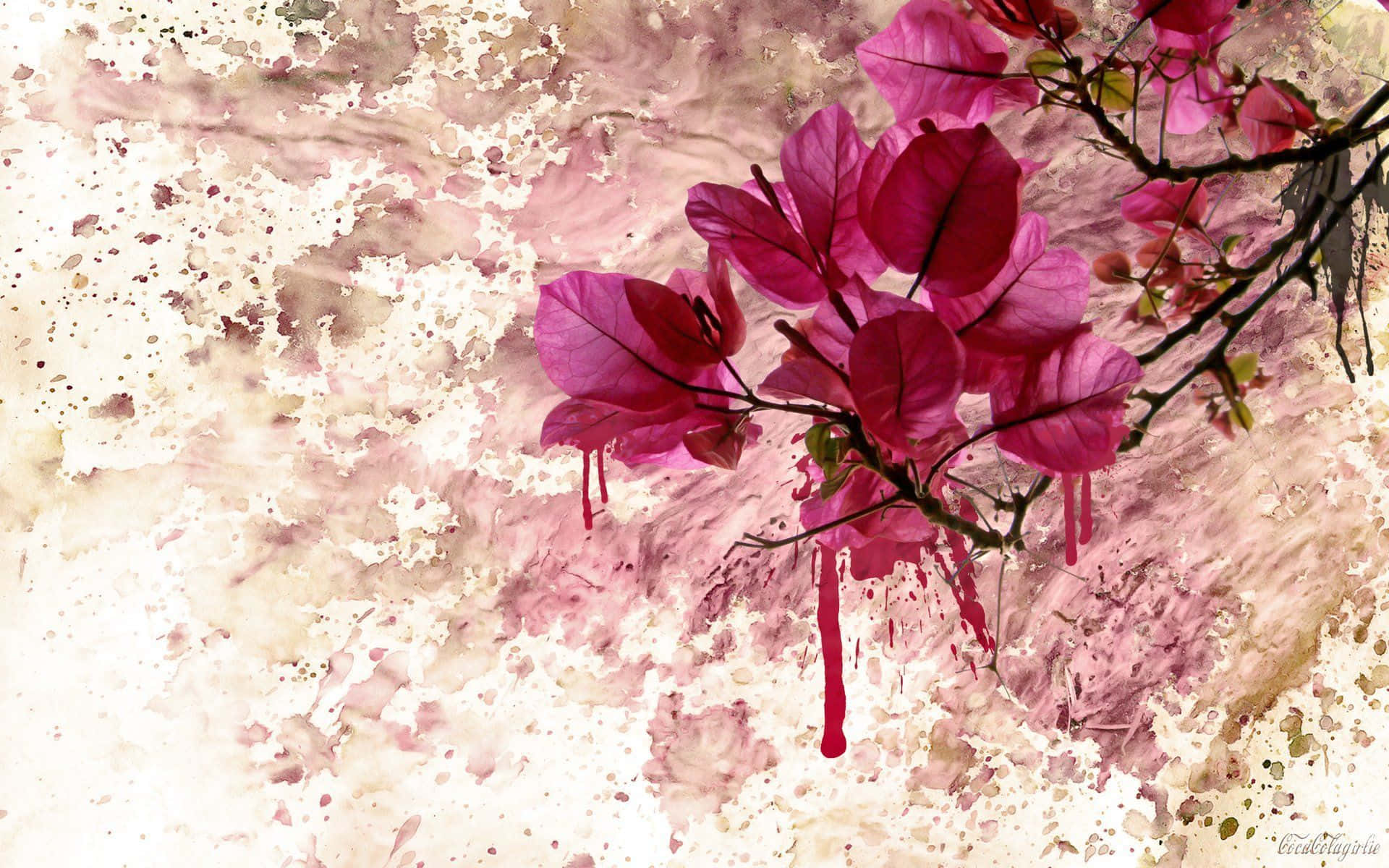 Floral Art 桌布 壁紙 — 鮮豔的粉紅色三角梅從深色樹枝上傾瀉而下，映襯著帶有紋理的粉紅色和奶油色水彩畫。