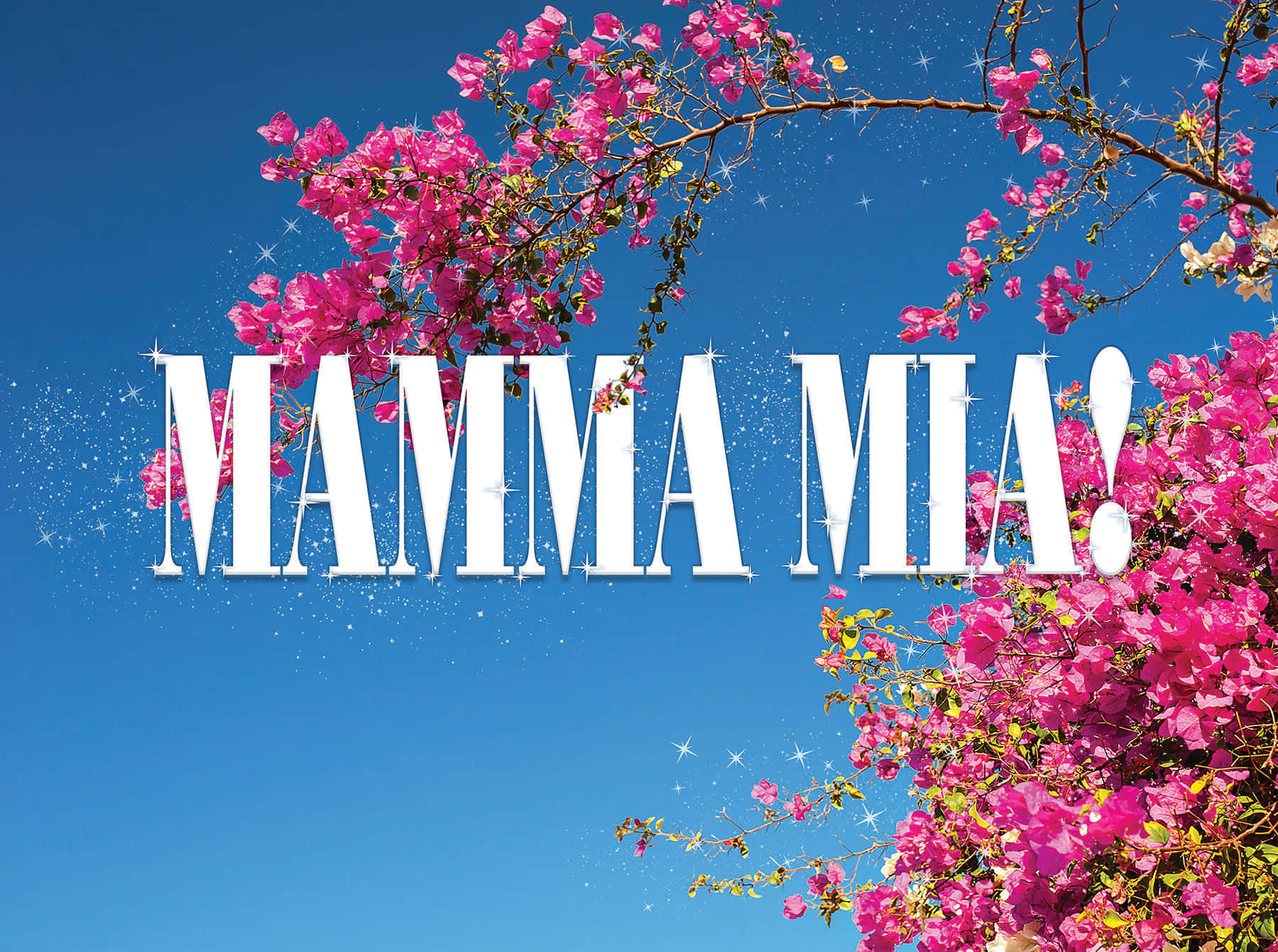 Mamma Mia 桌布 壁紙 — 鮮豔的粉紅色三角梅環繞著閃閃發光的白色「MAMMA MIA!」文字，背景是清澈的藍天。