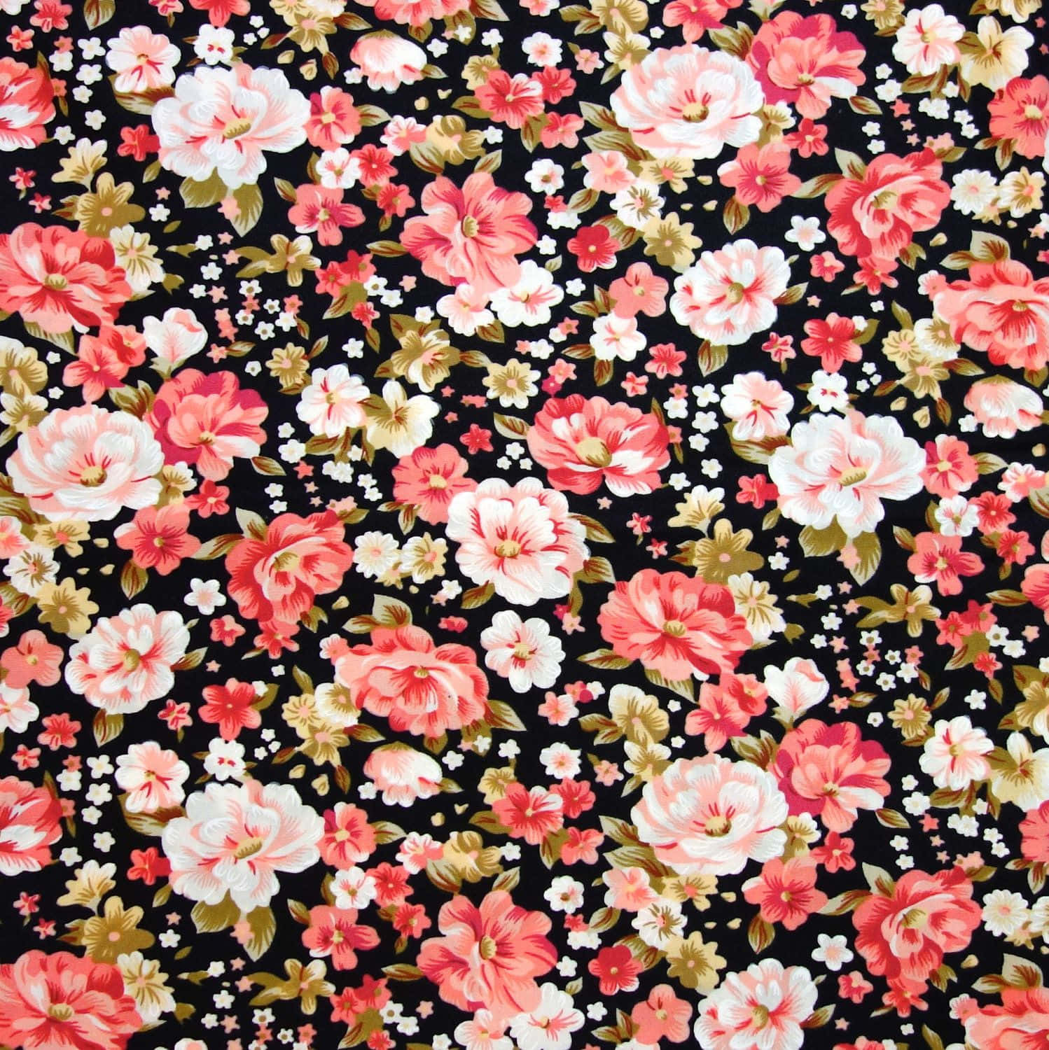 Floral Print 桌布 壁紙 — 鮮豔的粉紅色和白色花朵帶有金色點綴，在純黑色背景上密集綻放，形成華麗的花卉圖案。