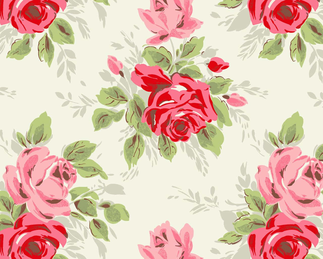 Floral Print 桌布 壁紙 — 鮮豔的粉紅色和紅色玫瑰，搭配綠色葉子，在奶油色米白背景上綻放，呈現復古花卉圖案。