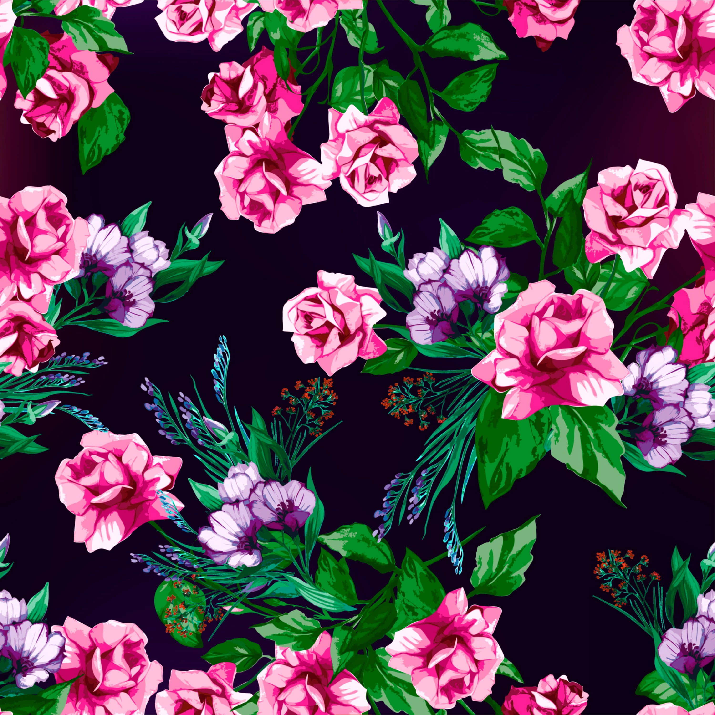 Floral Print 桌布 壁紙 — 鮮豔的粉紅色和紫色玫瑰，搭配茂盛的綠葉，在深色背景上綻放出大膽的花卉圖案。