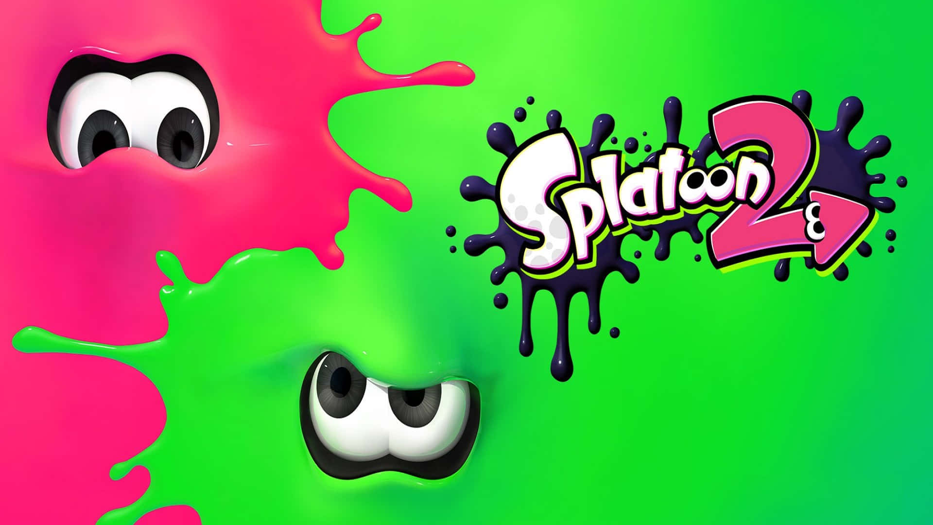 splatoon 桌布 壁紙 — 鮮豔的粉紅色和綠色墨水飛濺，帶有卡通眼睛，在明亮的綠色背景上襯托著 Splatoon 2 標誌。