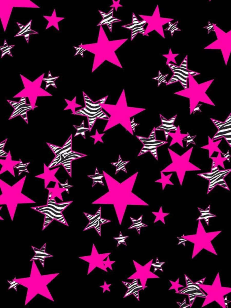 Pink Stars 桌布 壁紙 — 鮮豔的粉紅色星星帶有斑馬條紋，在純黑色背景上以大膽的圖案漂浮。