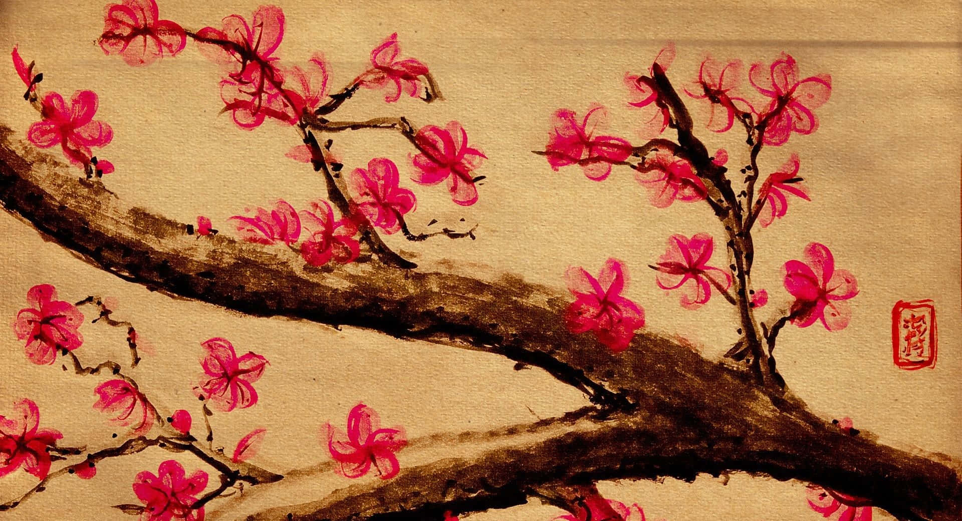 Painting 桌布 壁紙 — 鮮豔的粉紅色櫻花在深色樹枝上盛開，背景是帶有紋理的米色紙張和一個紅色印章。