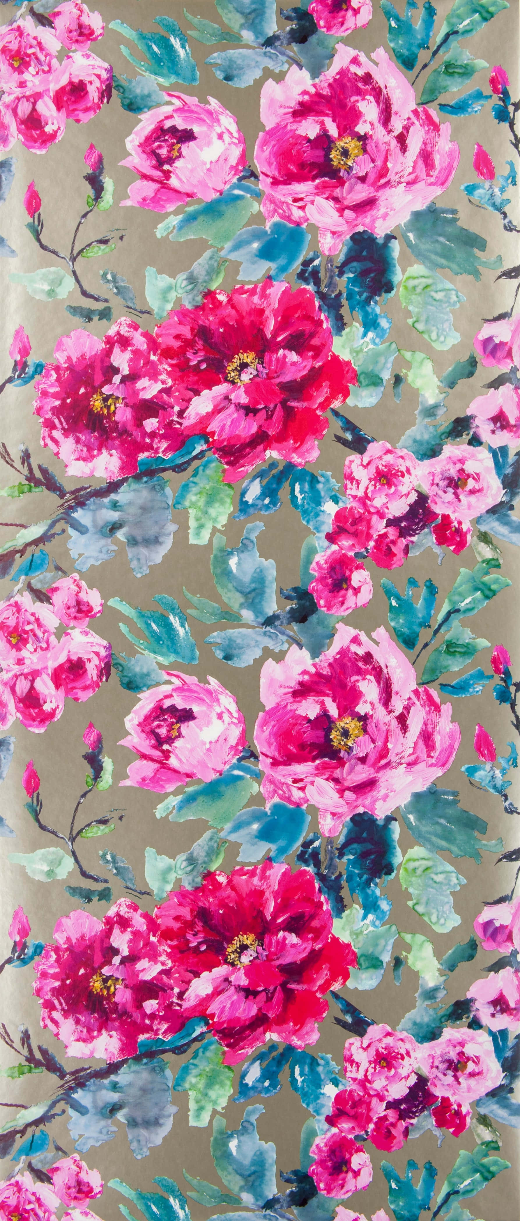 Floral Art 桌布 壁紙 — 鮮豔的粉紅色牡丹和藍綠色葉子在柔和灰褐色背景上綻放，形成水彩花卉圖案。