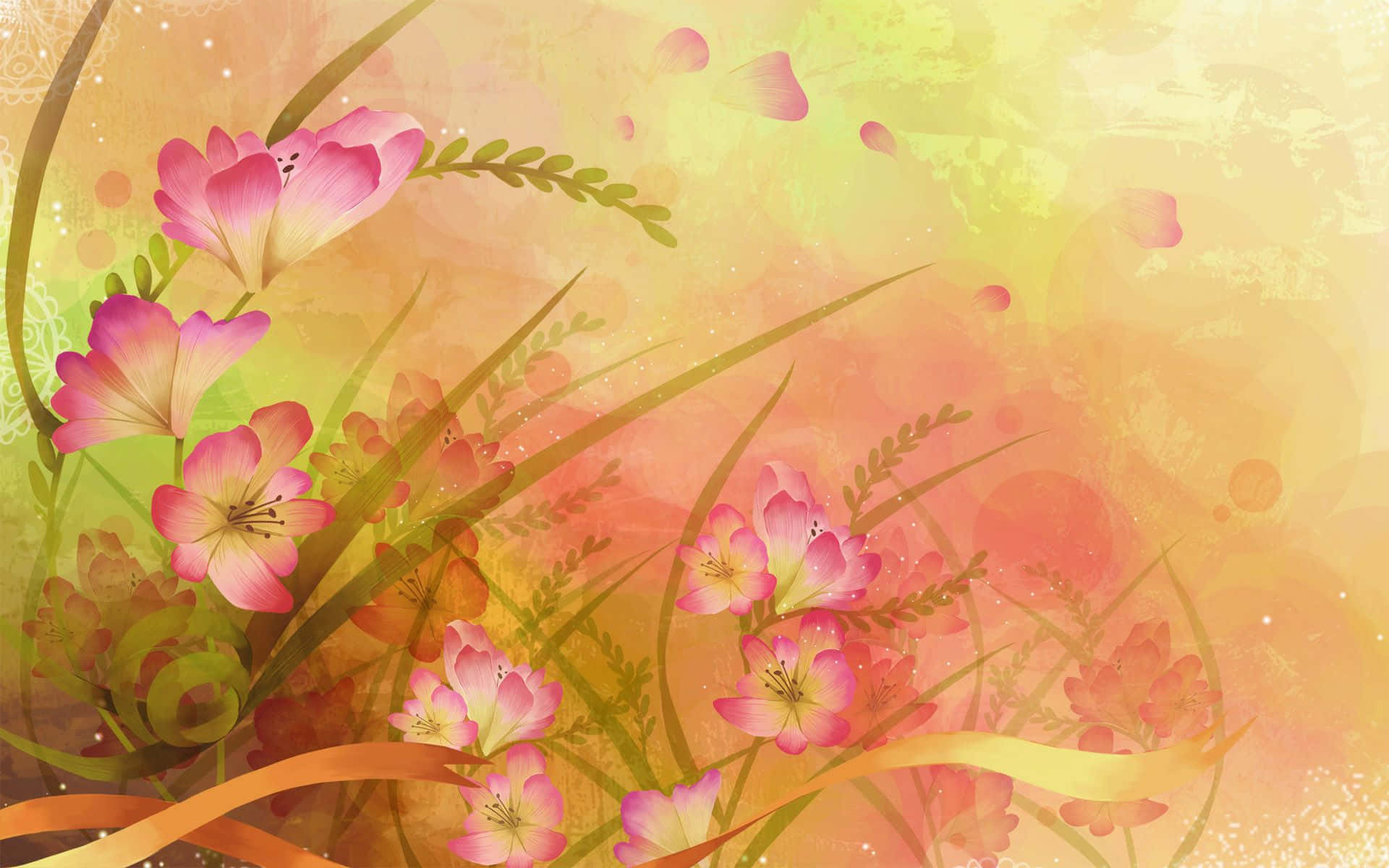 Flower Art 桌布 壁紙 — 鮮豔的粉紅色花朵在金色草叢中綻放，背景是溫暖的漸變天空，漂浮著花瓣和柔和的光線。
