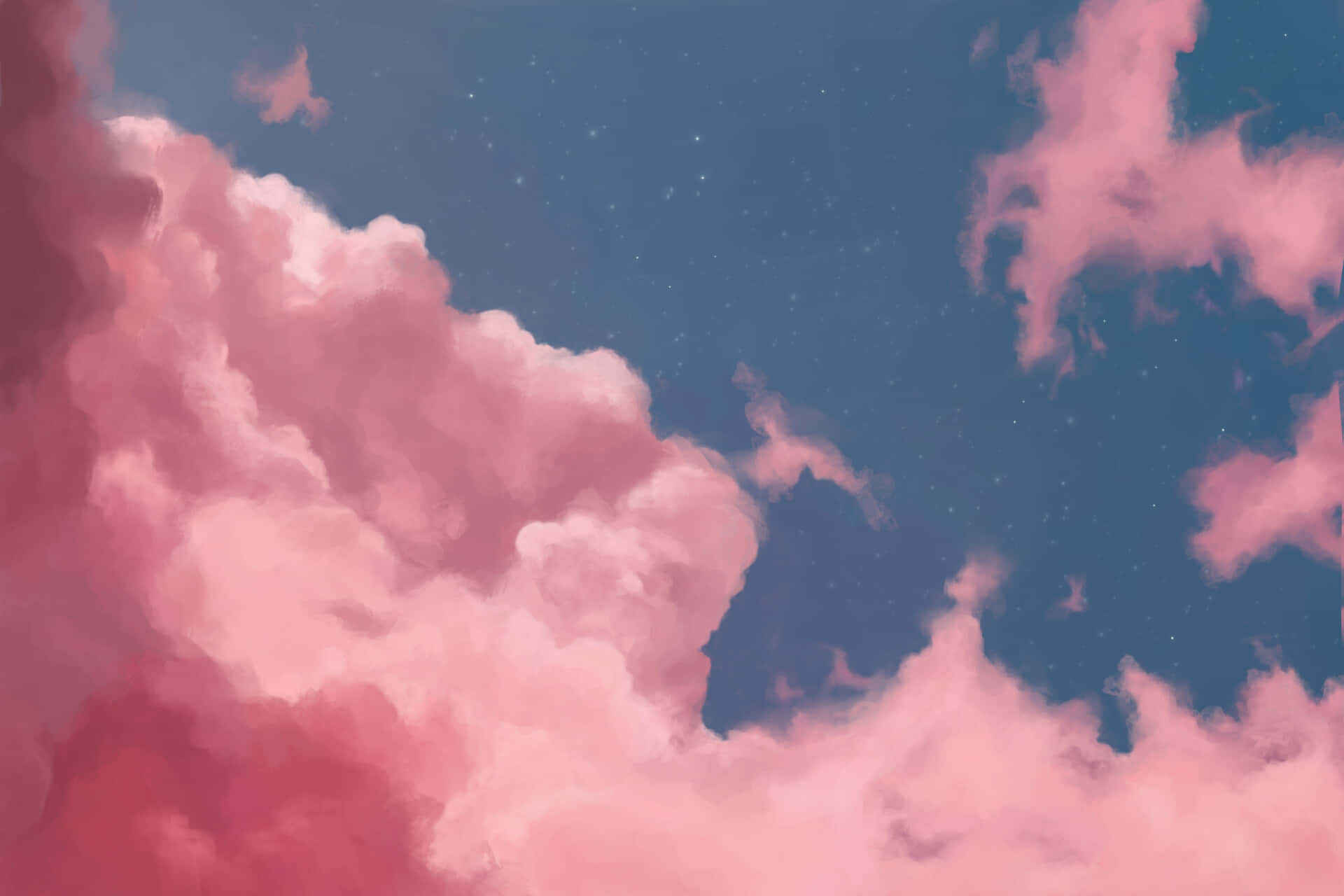 Pink Cloud 桌布 壁紙 — 鮮豔的粉紅色雲朵在深藍色的星空下飄移，形成一幅夢幻的數位畫作。