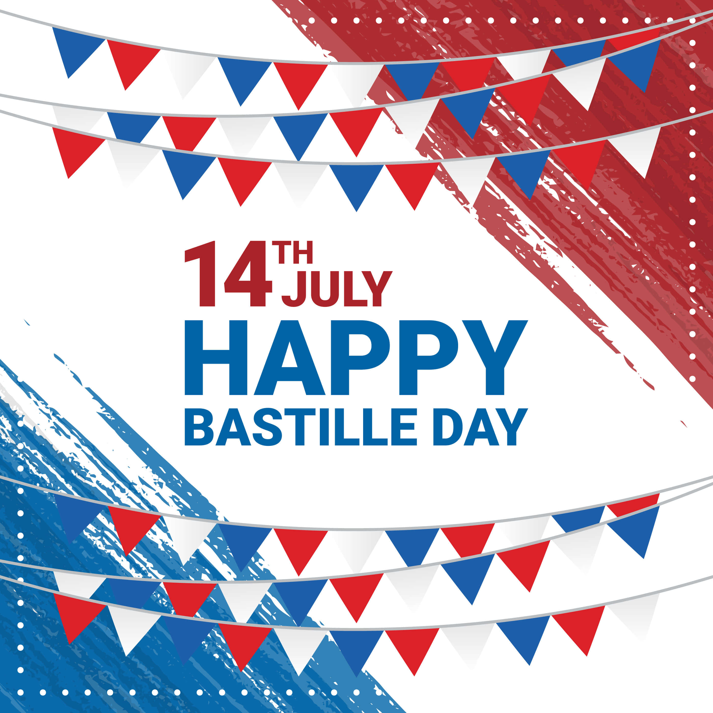 Happy Bastille Day 桌布 壁紙 — 鮮豔的紅、藍、白彩旗裝飾圍繞著粗體文字，以愛國筆觸慶祝巴士底日。