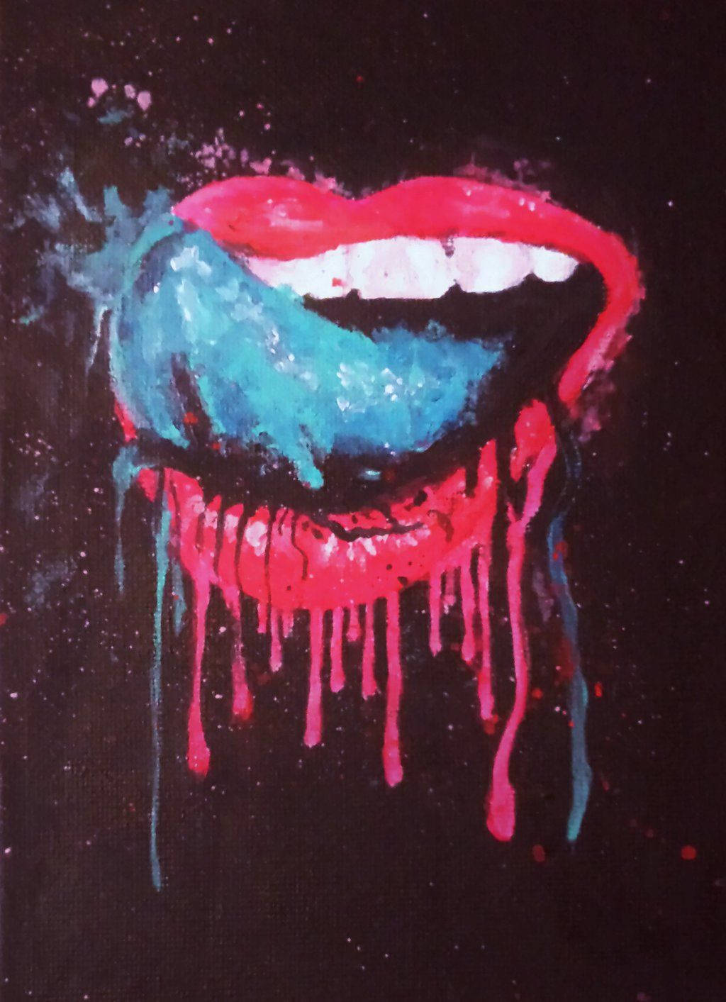 Drip 桌布 壁紙 — 鮮豔的紅唇，藍色顏料在深色斑點背景上以大膽富表現力的筆觸滴落。