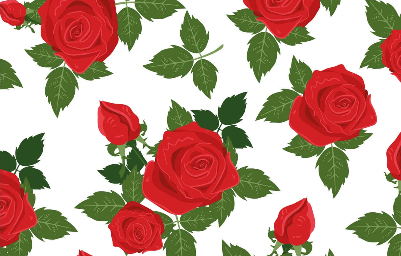 Beautiful Pattern 桌布 壁紙 — 鮮豔的紅玫瑰和綠葉在潔白背景上形成重複圖案。