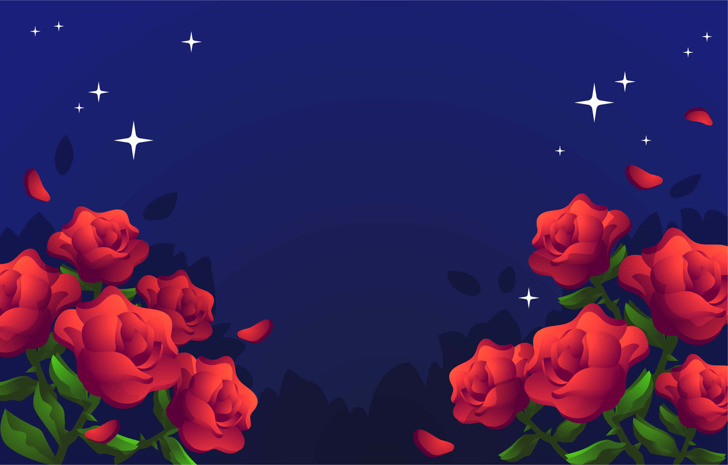紅玫瑰 桌布 壁紙 — 鮮豔的紅玫瑰在繁星點點的夜空下盛開，花瓣飄浮在深藍色漸變背景上。