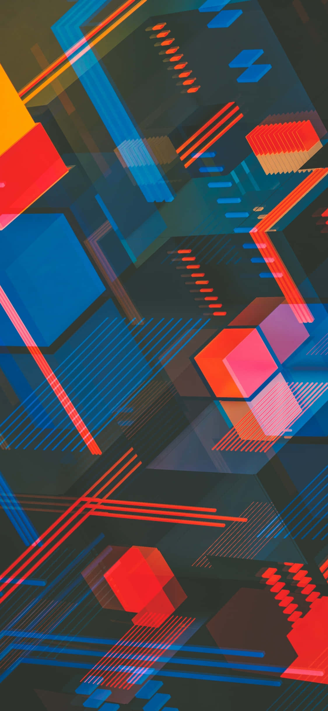 Minimalist Colorful 桌布 壁紙 — 鮮豔的紅色、藍色和黃色幾何形狀在深色背景上漂浮，營造出動態的數位抽象構圖。