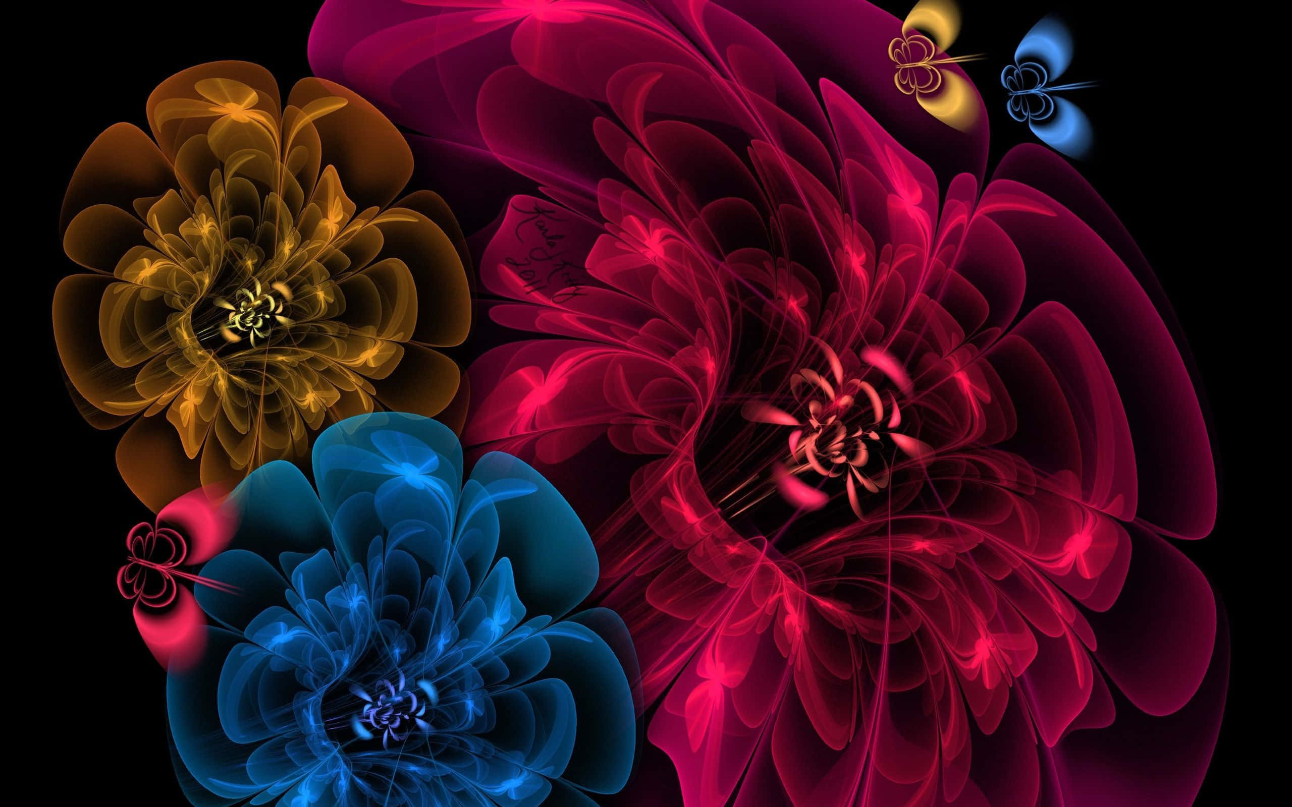 Psychedelic Flowers 桌布 壁紙 — 鮮豔的紅色、金色和藍色分形花朵在黑色背景上發光，帶有漩渦狀的有機圖案。