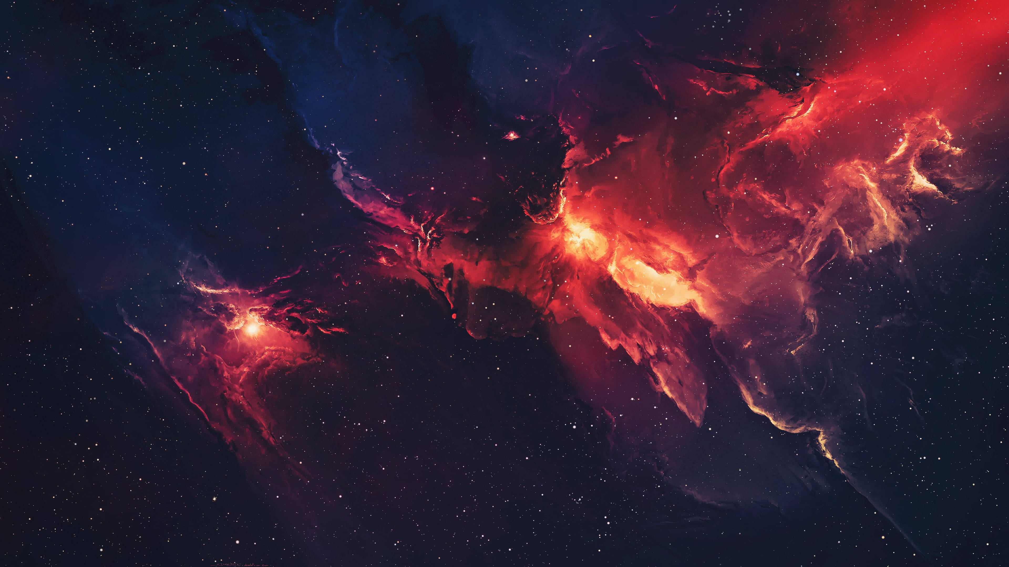 銀河 桌布 壁紙 — 鮮豔的紅色和深藍色宇宙星雲在黑暗的太空背景下與發光的星星旋轉。