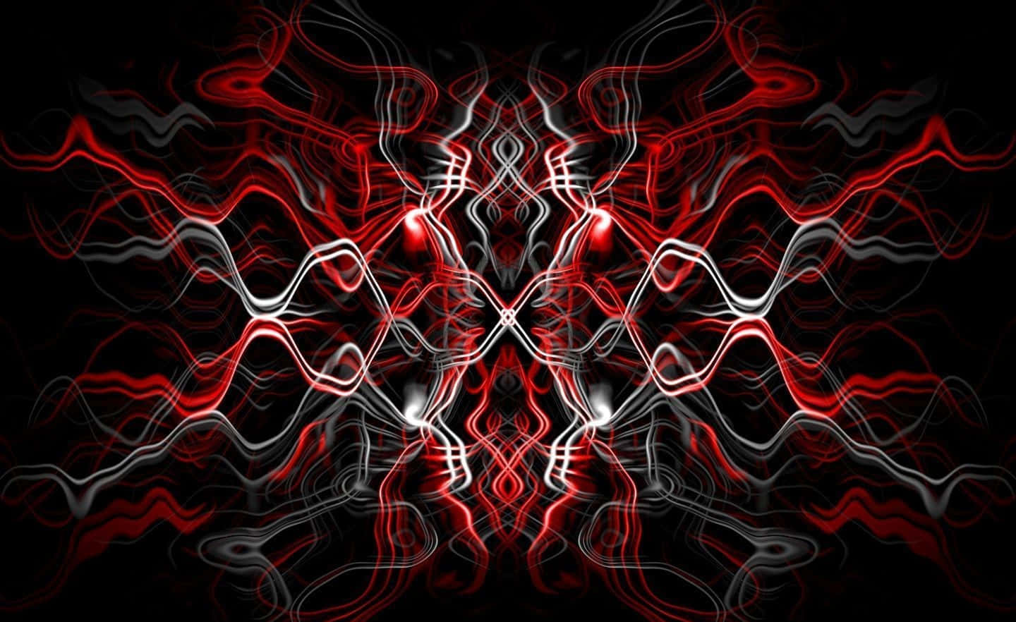 Red Abstract 桌布 壁紙 — 鮮豔的紅色和白色霓虹捲鬚在黑色虛空中形成對稱的分形圖案。
