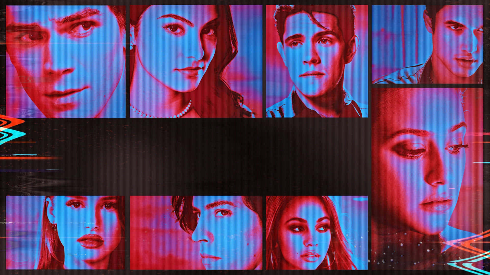Riverdale 桌布 壁紙 — 鮮豔的紅色和藍色霓虹燈肖像，展示多樣面孔，排列在帶有抽象光條的故障數位網格中。