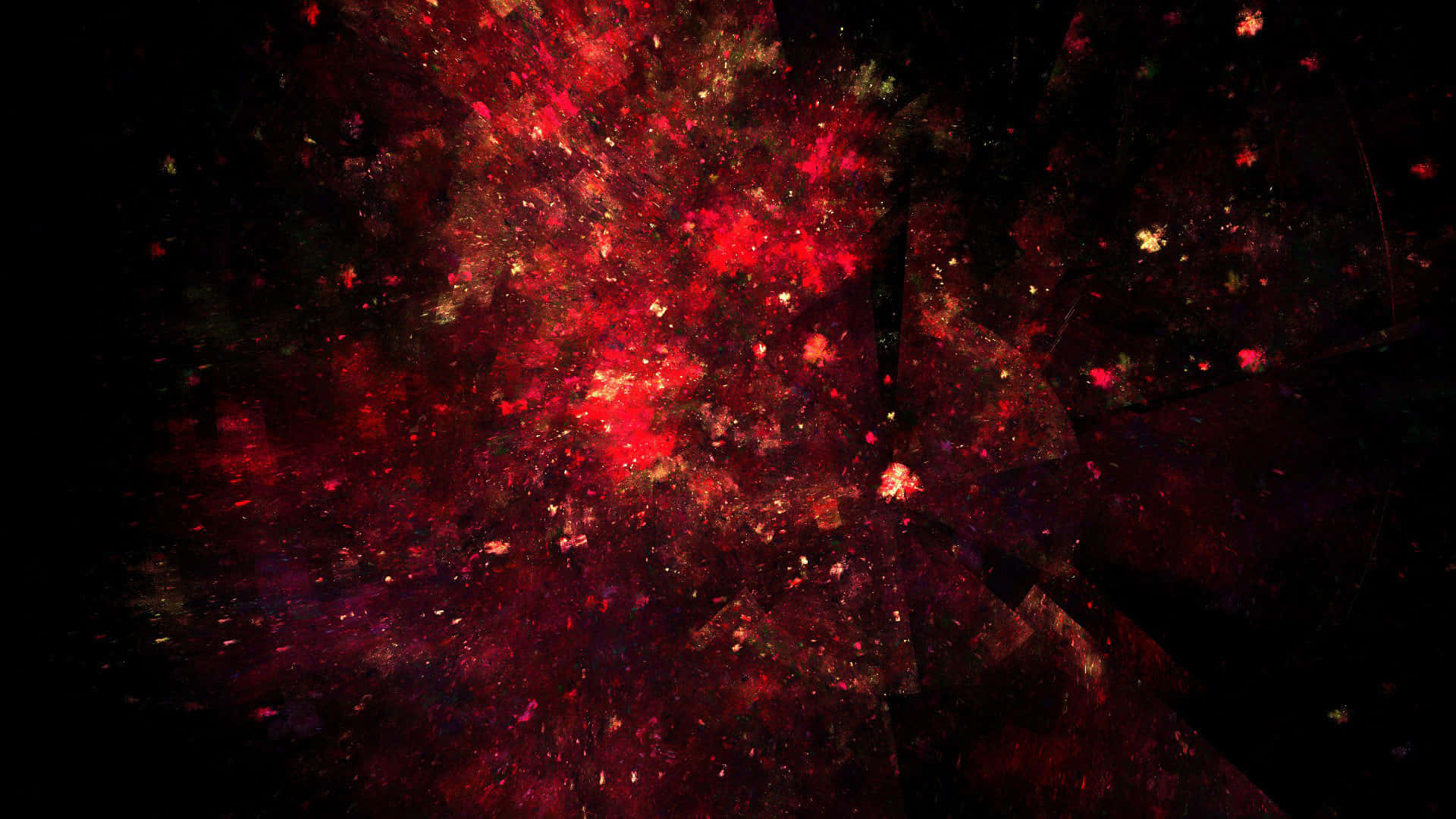 Red Space 桌布 壁紙 — 鮮豔的紅色和金色粒子在黑暗背景上爆炸，形成宇宙數位爆發。