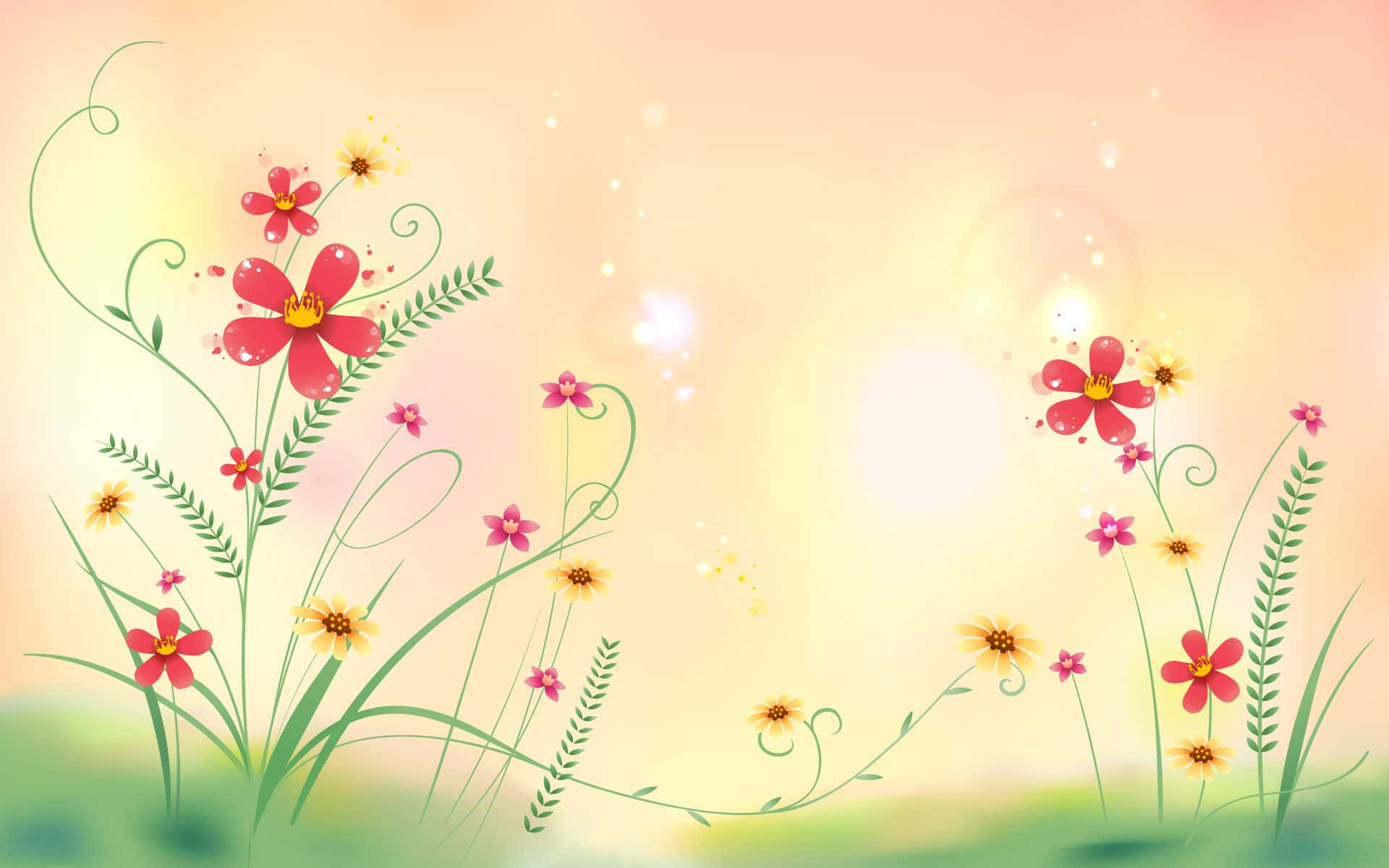 Cute Flower 桌布 壁紙 — 鮮豔的紅色和黃色花朵在優雅的綠色莖上盛開，映襯著柔和發光的桃色天空，帶有閃爍的光效。