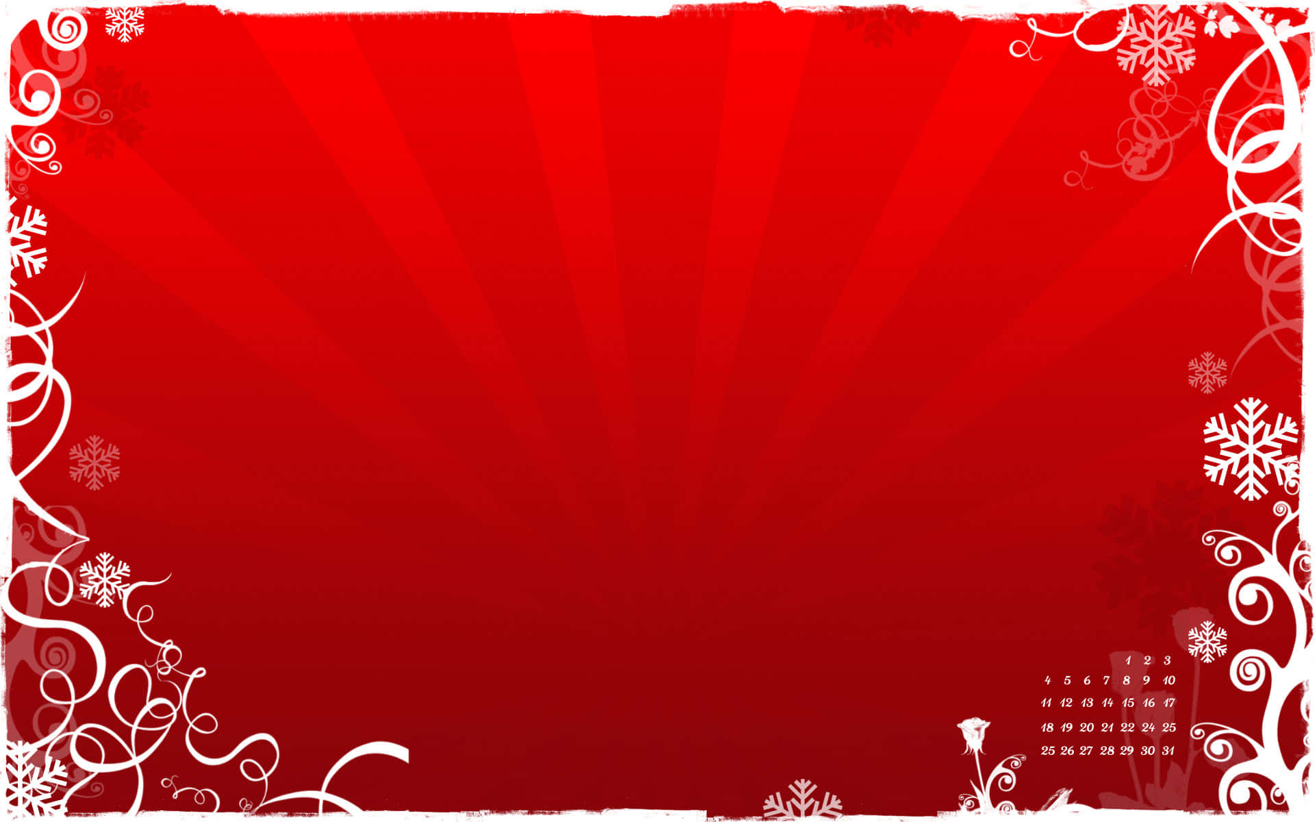 Red Aesthetic Christmas 桌布 壁紙 — 鮮豔的紅色壁紙，帶有白色雪花和漩渦邊框，角落有日曆。
