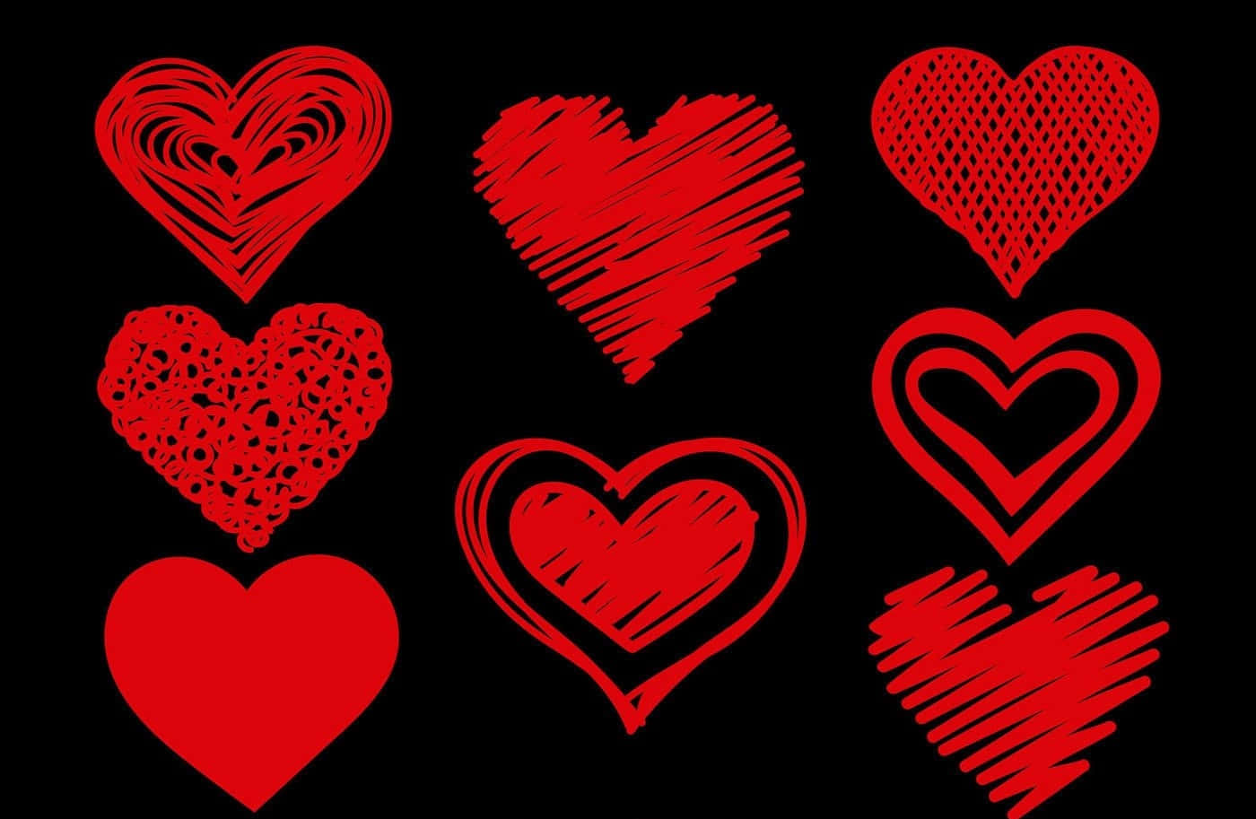 Heart Doodle 桌布 壁紙 — 鮮豔的紅色心形以多種手繪風格在純黑色背景上形成鮮明對比。