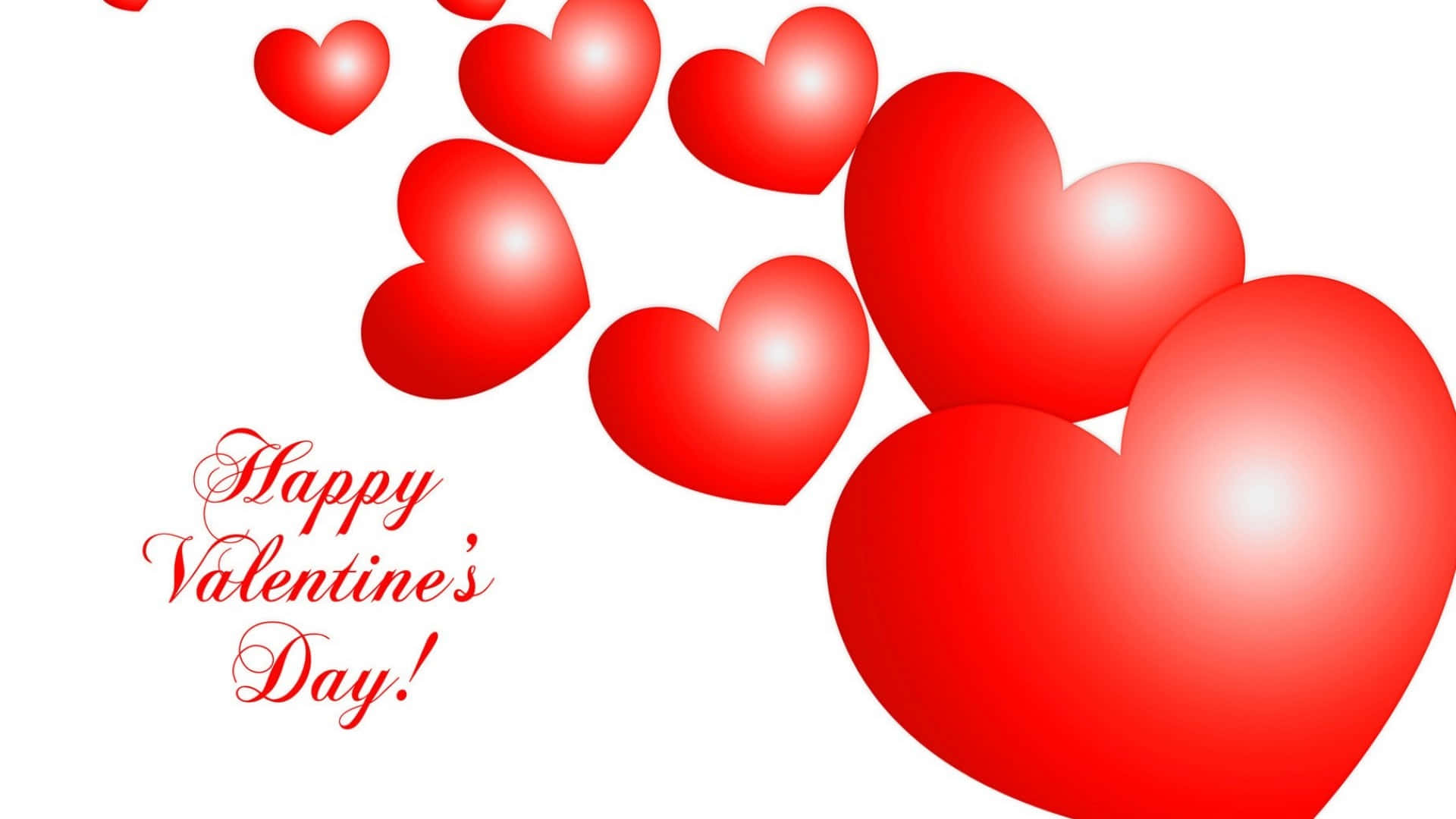 Happy Valentines Day 桌布 壁紙 — 鮮豔的紅色心形在白色背景上對角漂浮，並帶有優雅的手寫體情人節文字。