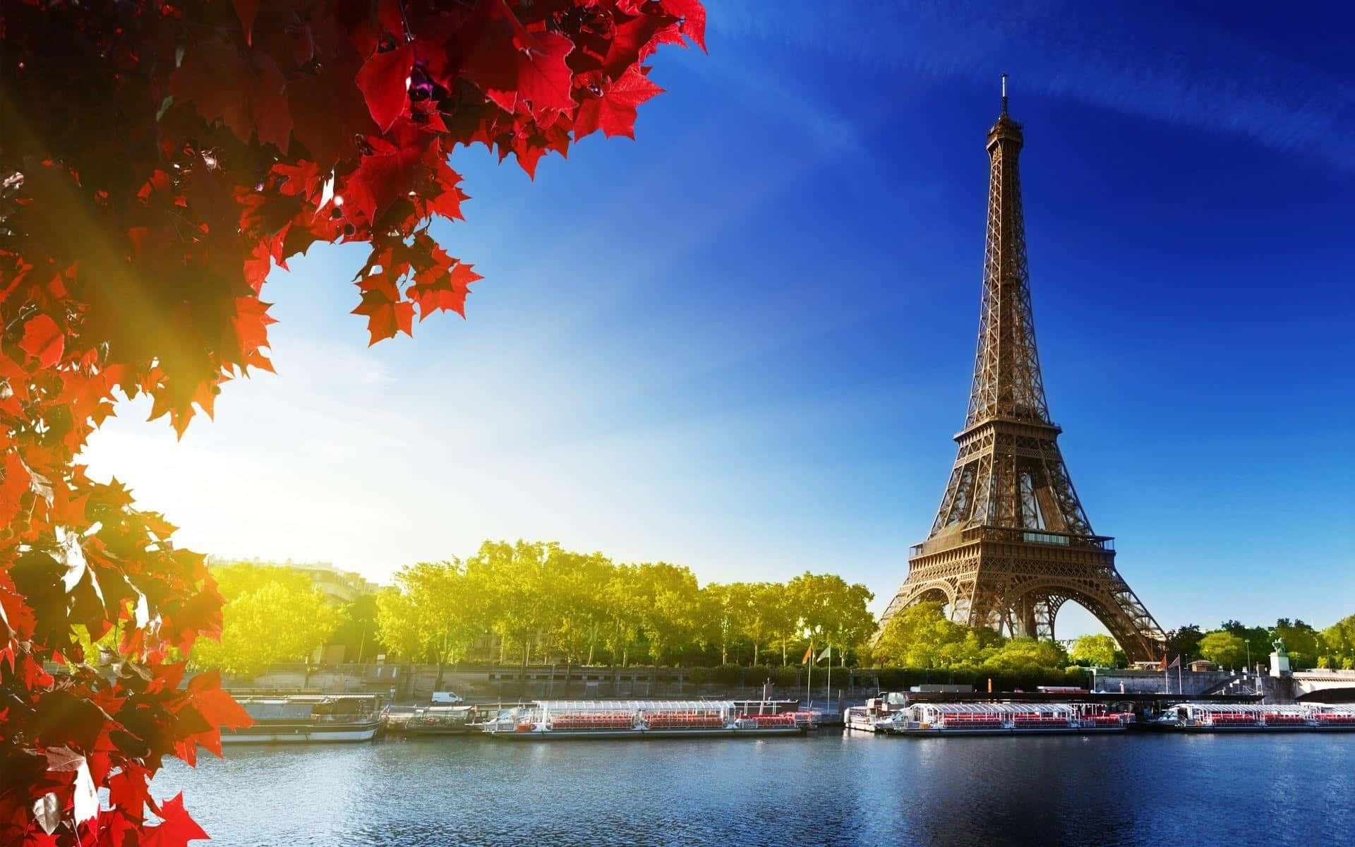 french 桌布 壁紙 — 鮮豔的紅色秋葉框住艾菲爾鐵塔，背景是清澈的藍天，下方塞納河上有船隻。