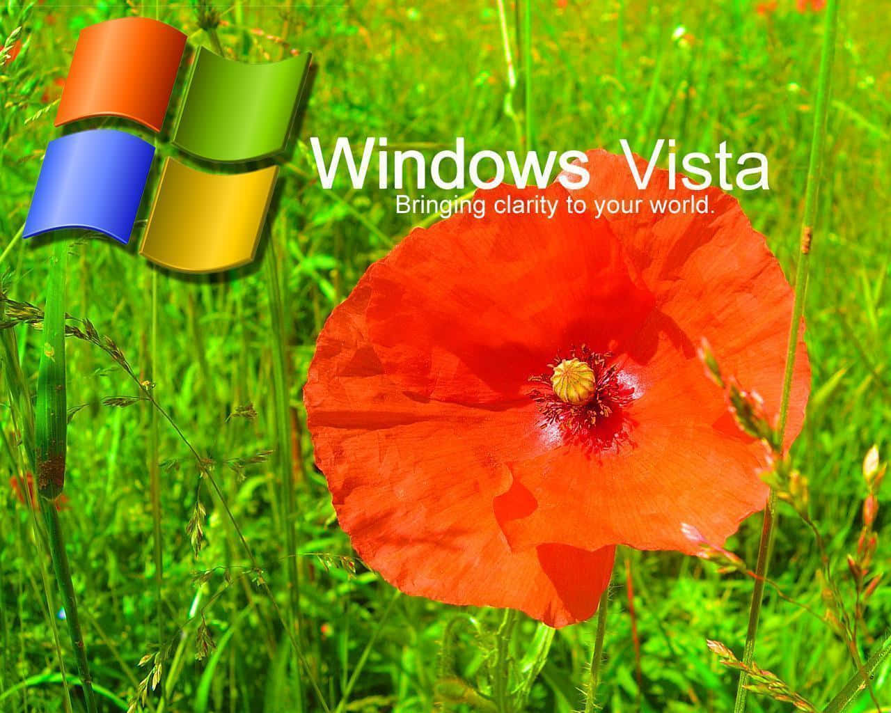 Windows Vista 桌布 壁紙 — 鮮豔的紅色罌粟花在陽光明媚的綠色草地上盛開，並疊加了Windows Vista標誌和標語。