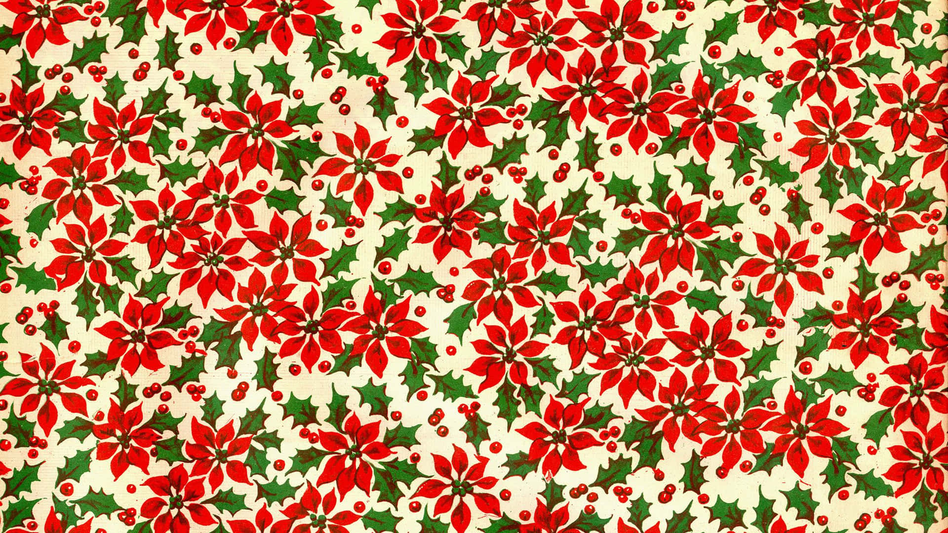 Vintage Christmas 桌布 壁紙 — 鮮豔的紅色聖誕紅和綠色冬青葉在奶油色米白背景上重複形成節日圖案。
