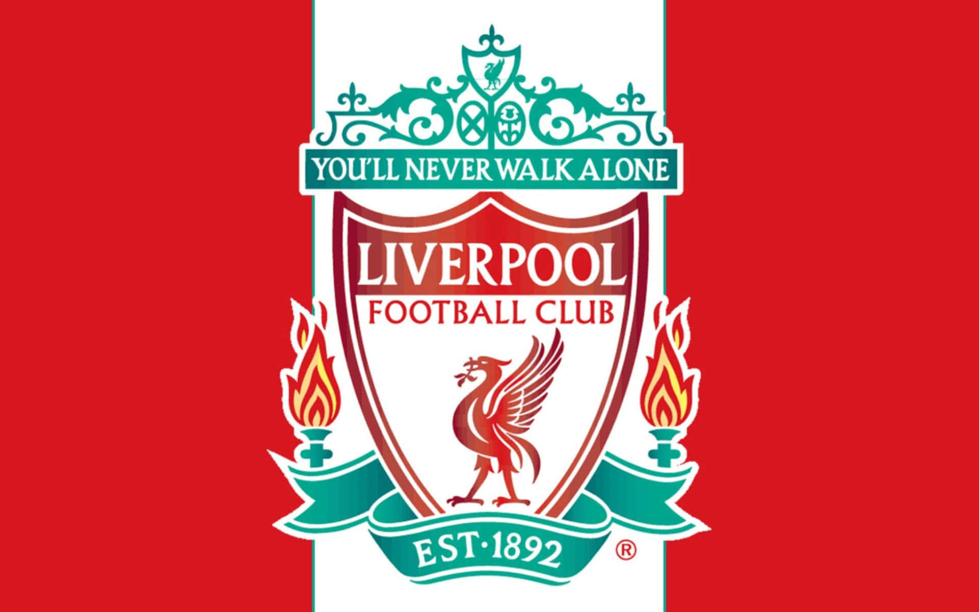 Liverpool 桌布 壁紙 — 鮮豔的紅色背景上展示了利物浦足球會的會徽，帶有利物鳥火焰和「You'll Never Walk Alone」格言。