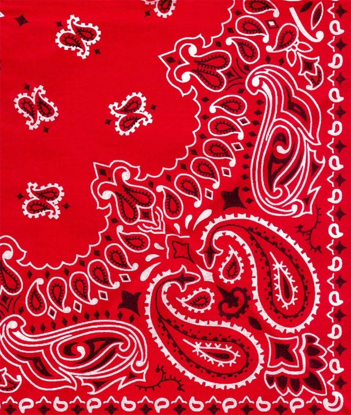 bandana 桌布 壁紙 — 鮮豔的紅色頭巾，帶有複雜的白色和黑色佩斯利圖案及邊框設計。