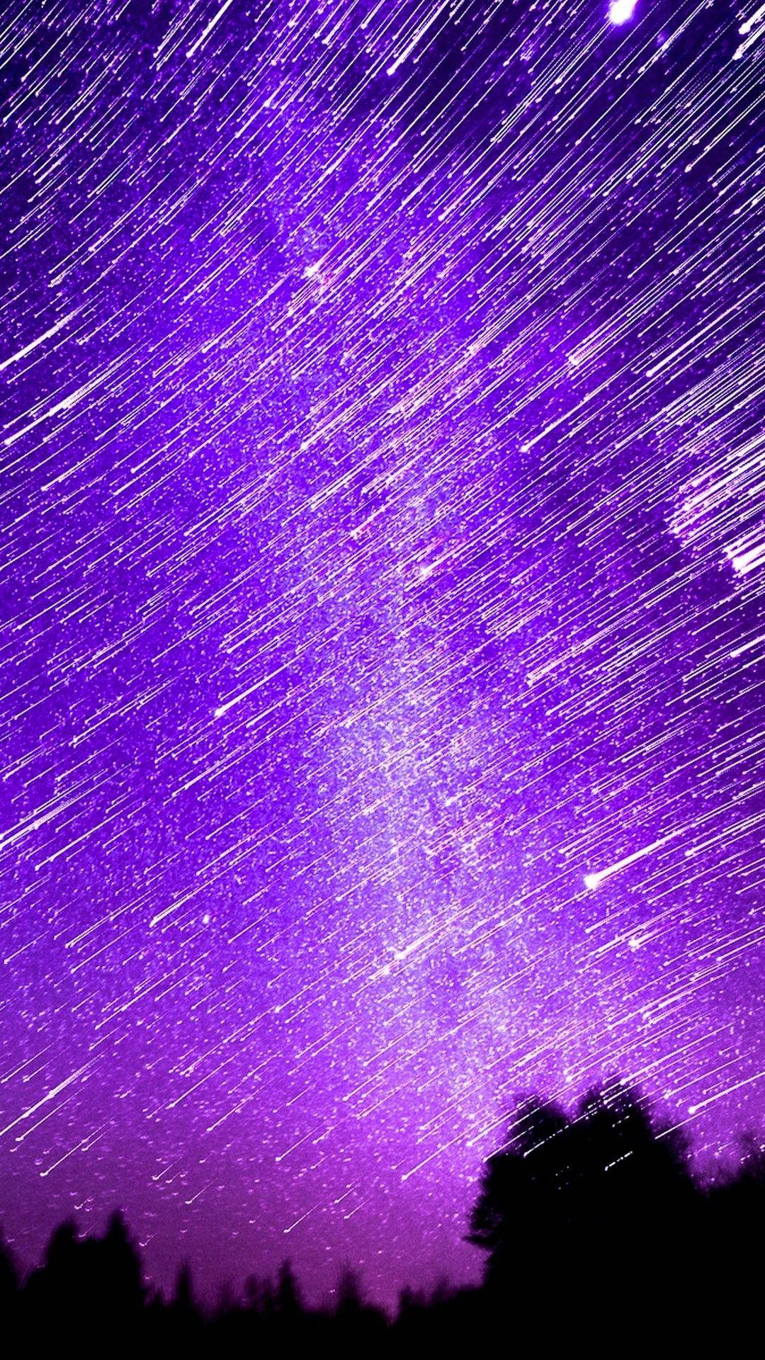 密特羅德 桌布 壁紙 — 鮮豔的紫色夜空，帶有星軌在黑暗的樹木剪影上拱起。