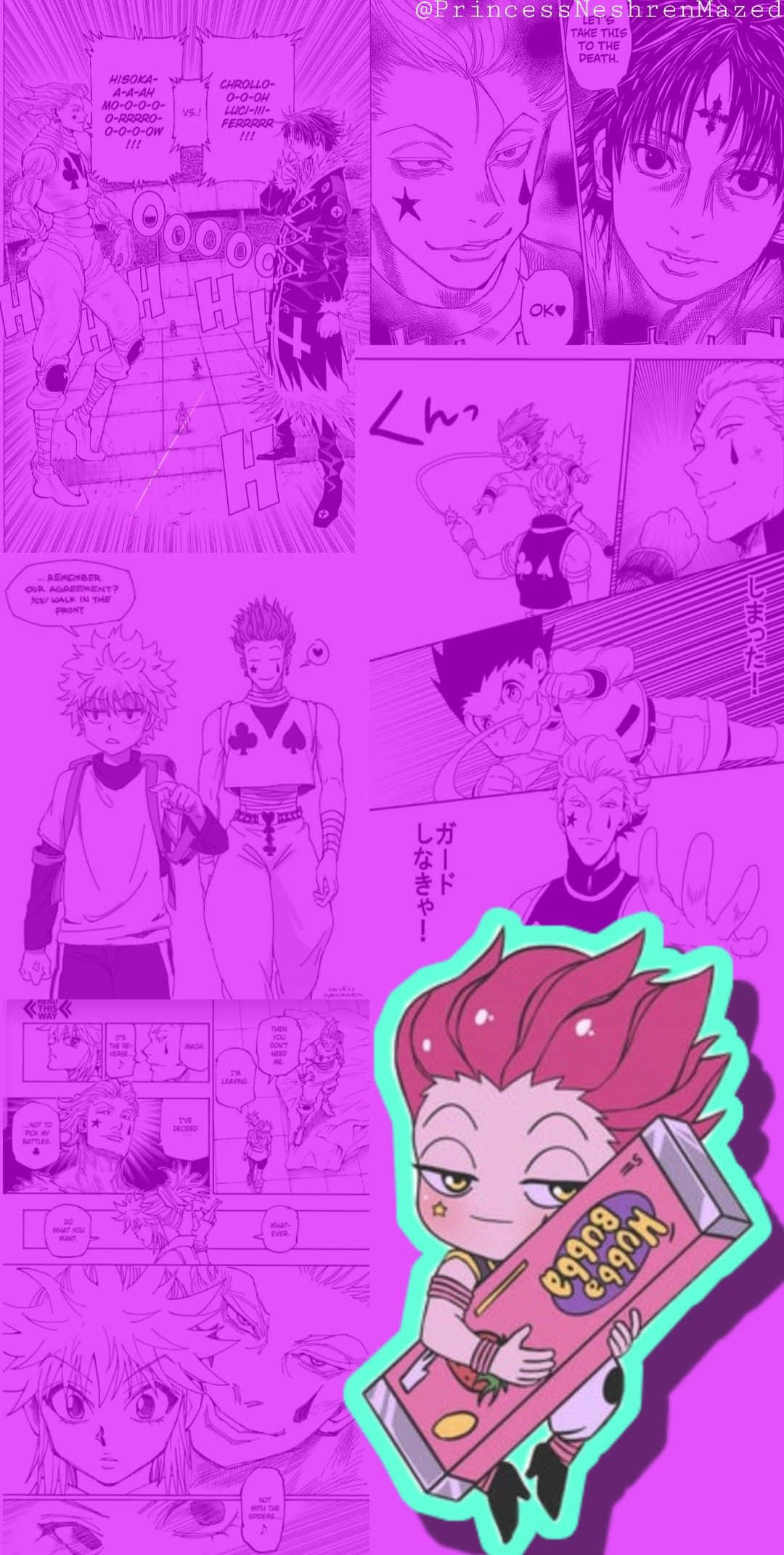 Hisoka Morow 桌布 壁紙 — 鮮豔的紫色漫畫面板，包含動漫角色和一個拿著零食盒的男孩的Q版貼紙。