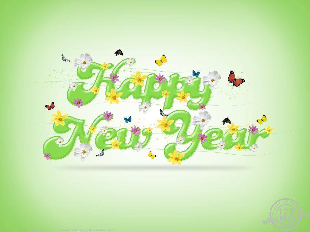 蝴蝶 桌布 壁紙 — 鮮豔的綠色「Happy New Year」文字，飾以色彩繽紛的蝴蝶和花朵，背景為柔和漸變色。