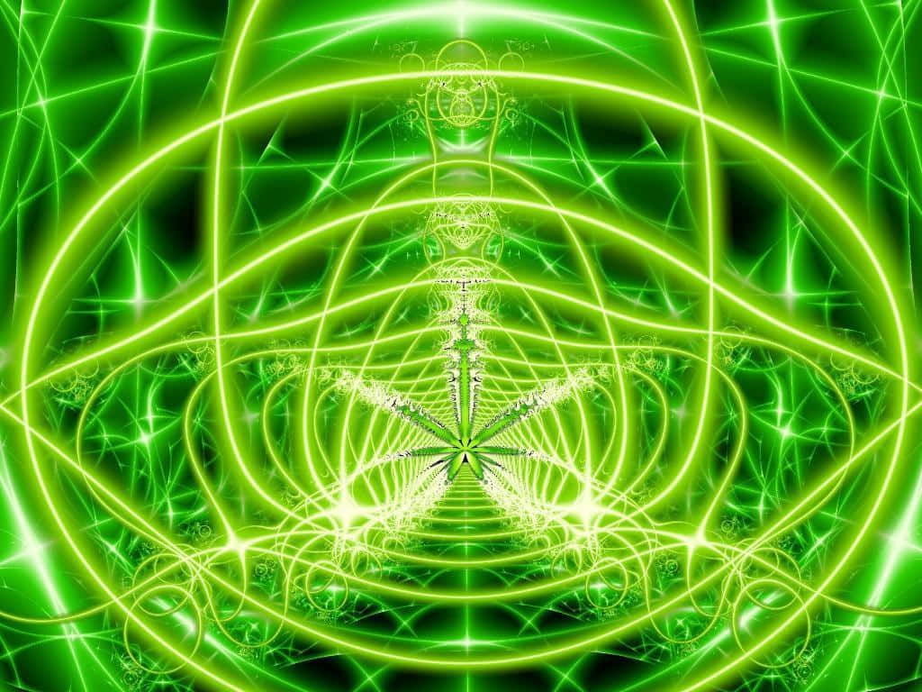 Weed Leaf 桌布 壁紙 — 鮮豔的綠色分形圖案從對稱數位隧道中央發光的星爆向外輻射。