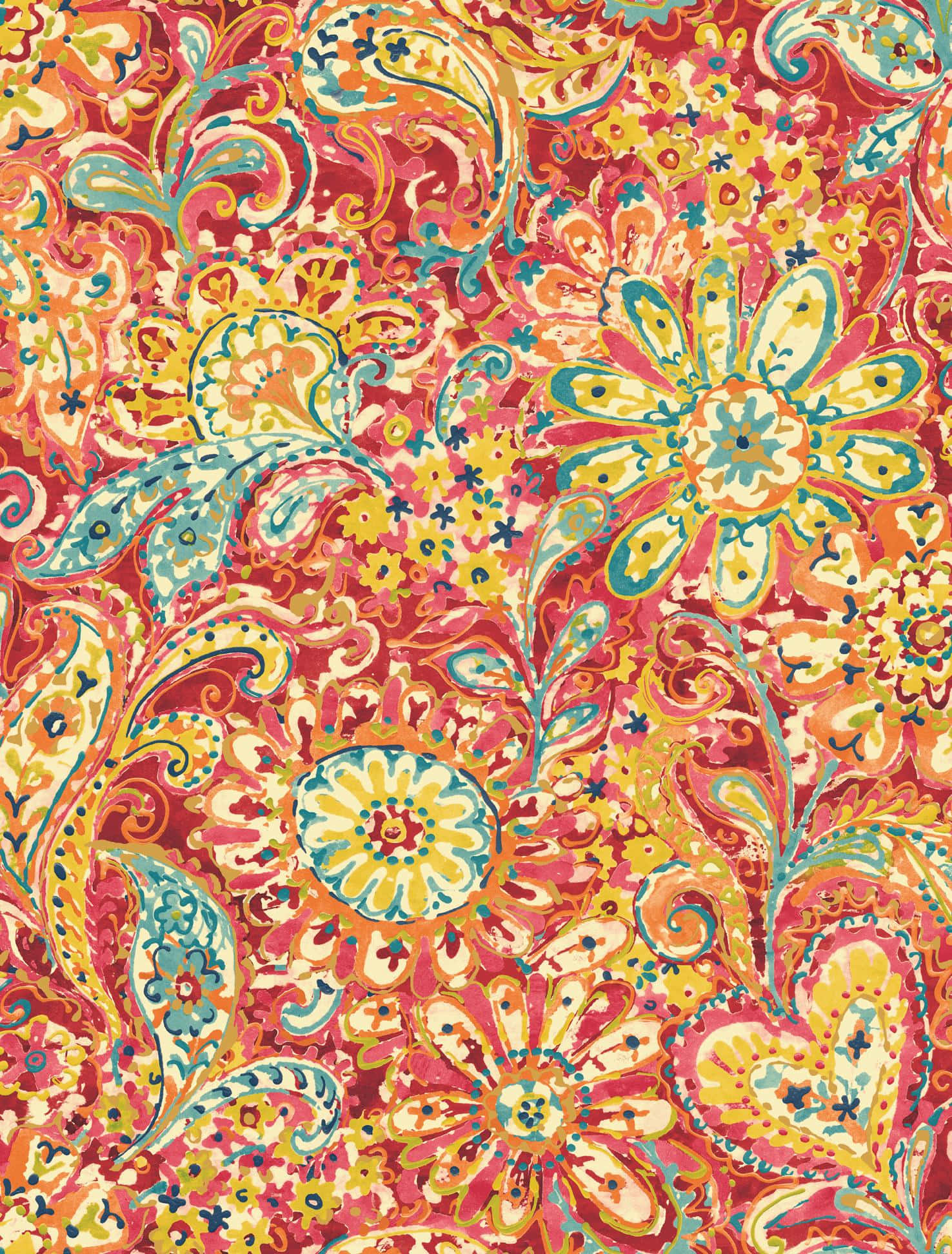 Paisley 桌布 壁紙 — 鮮豔的花卉和佩斯利圖案，以大膽的紅色、黃色和藍綠色呈現在紋理背景上。