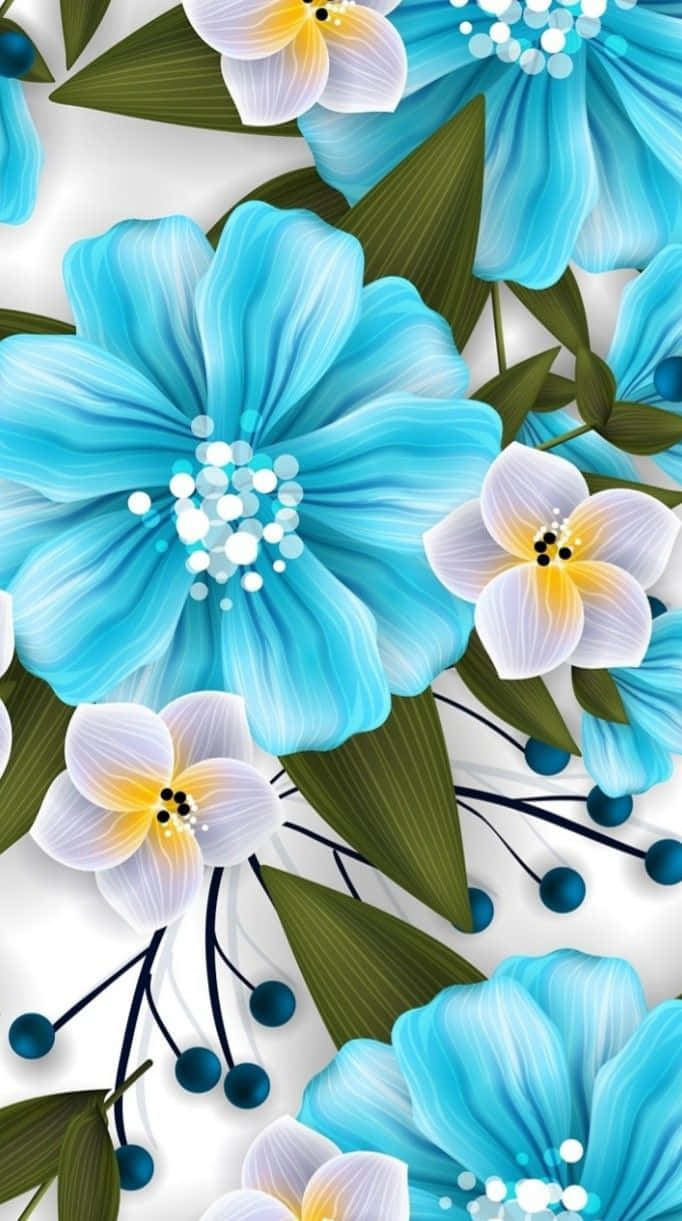 Psychedelic Flowers 桌布 壁紙 — 鮮豔的藍色和白色花朵，帶有黃色花心和綠色葉子，以數位藝術圖案排列在白色背景上。