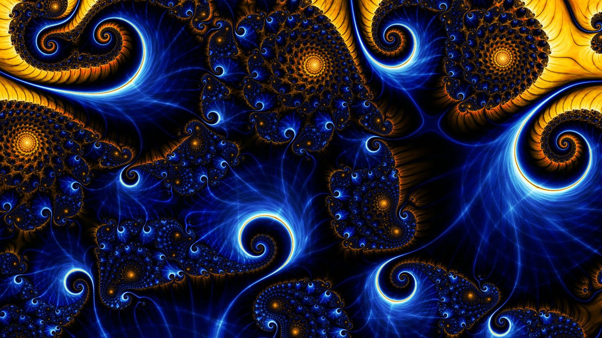 Psychedelic 3d Art 桌布 壁紙 — 鮮豔的藍色和金色分形螺旋在黑暗背景上以複雜的圖案旋轉。