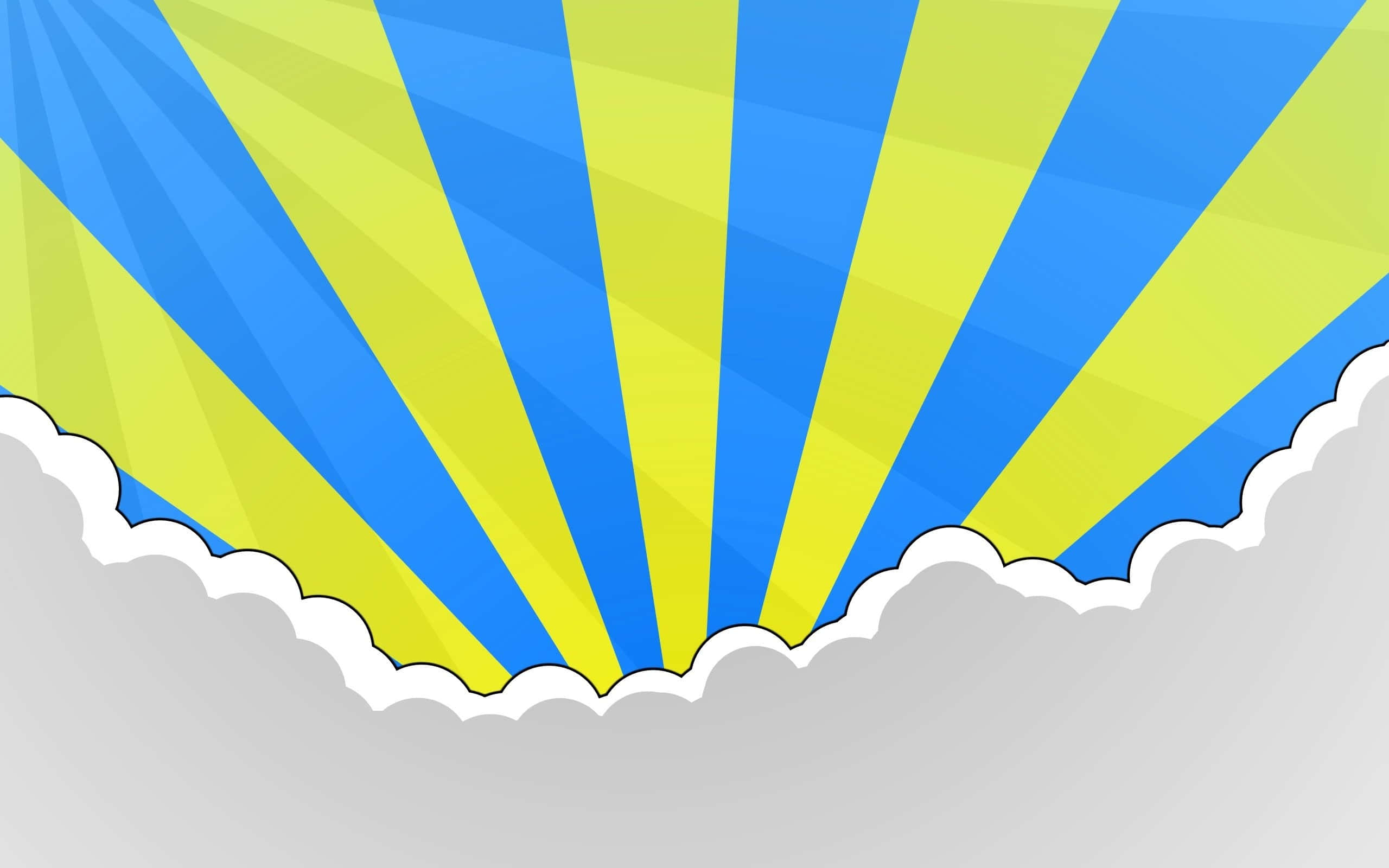 Vector Art 桌布 壁紙 — 鮮豔的藍色和黃色太陽光線穿過風格化的白色雲朵，呈現大膽的圖形設計。