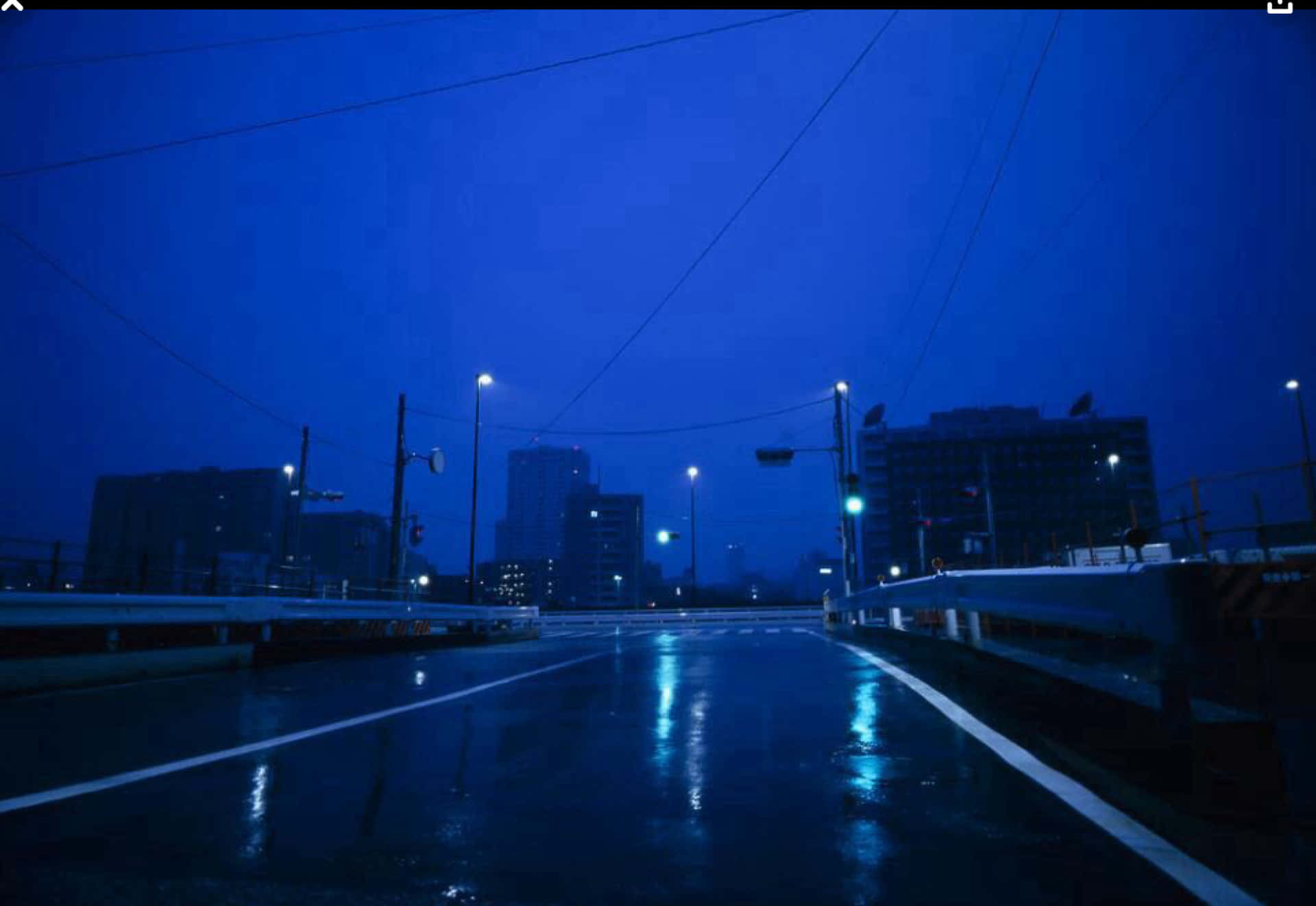 雨夜的城市橋樑，發光的街燈在濕漉漉的路面上反射。